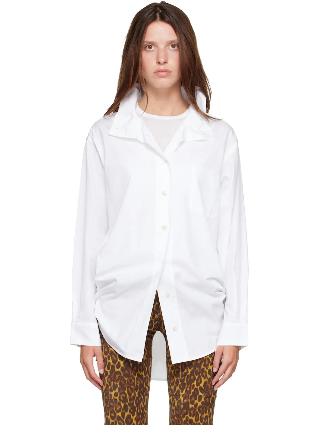 White Tall Collar Boyfriend Button Up Shirt - 1