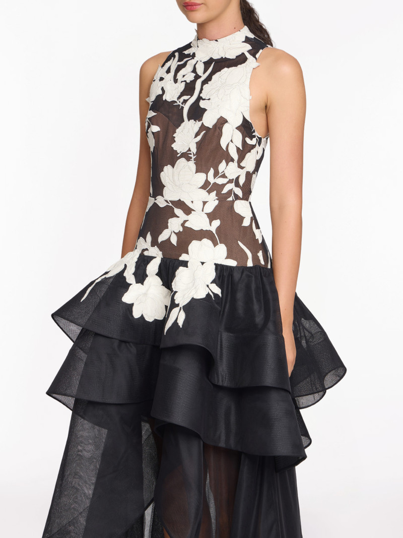 LEATHER GUIPURE HIGH NECK SLEEVELESS TIERED GOWN 4