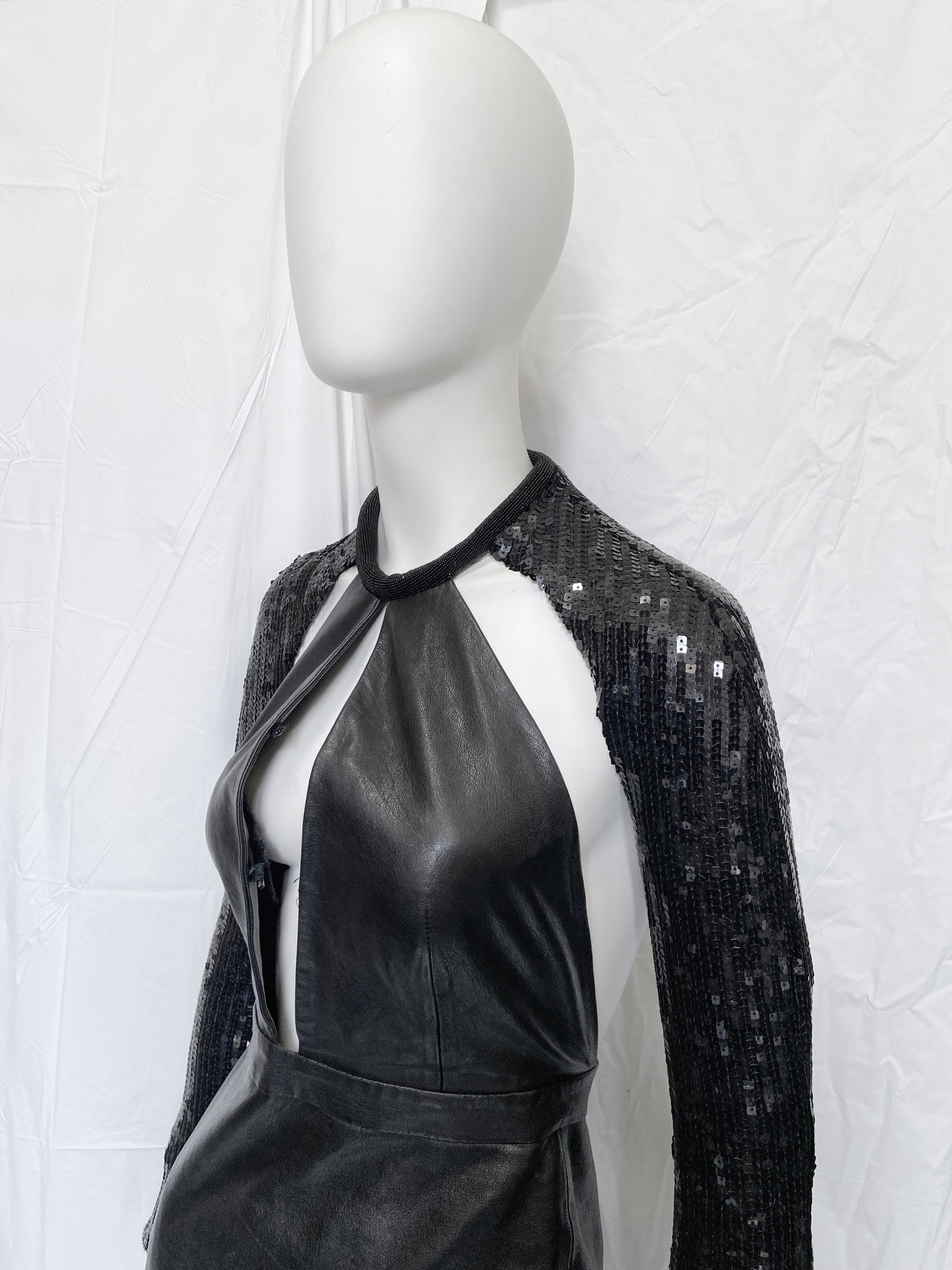 Saint Laurent Paris 2013 Hedi Beaded Collar Sequenced Sleeves Cut Out Backless Leather Dress - 10