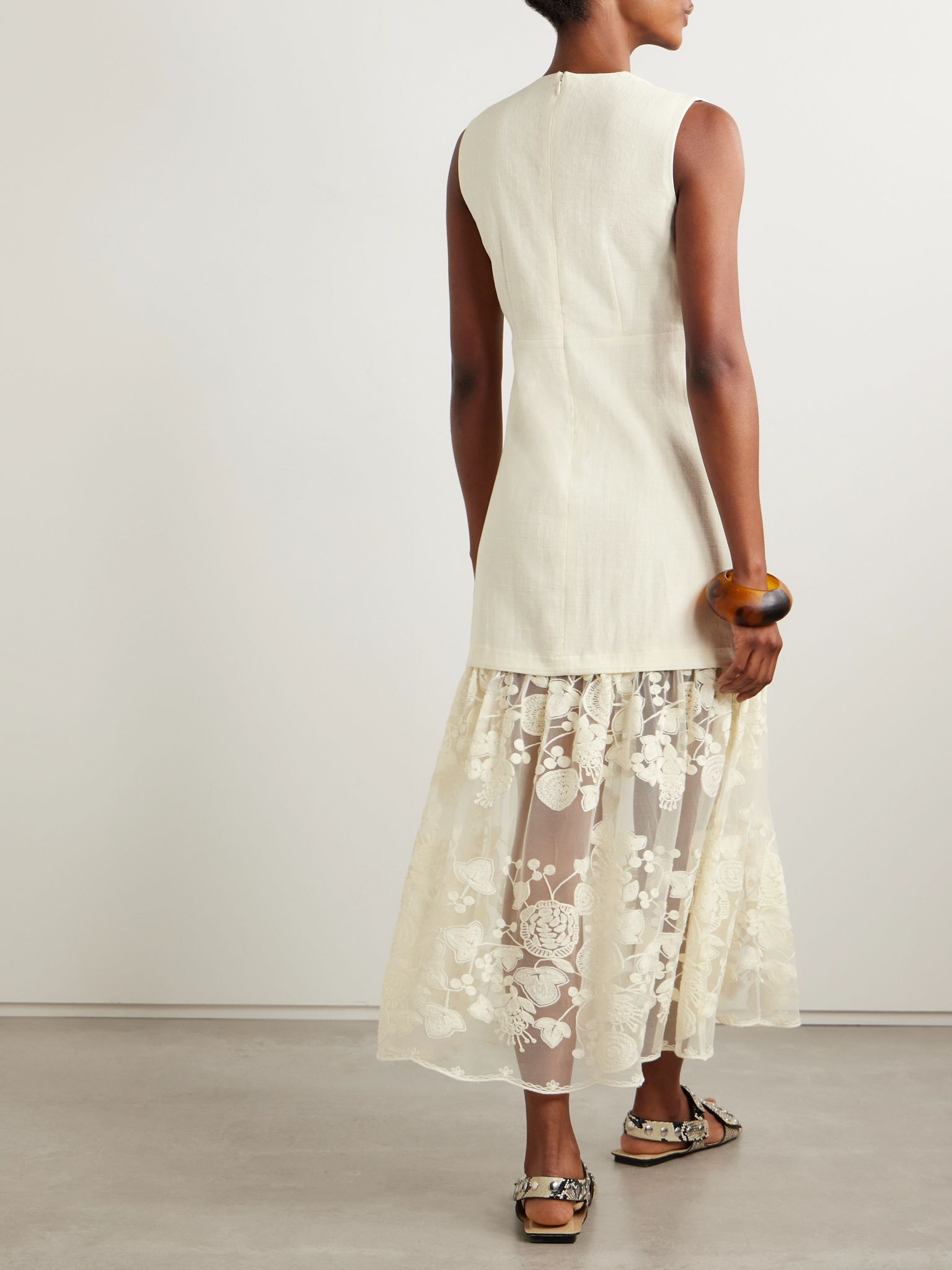 Arielle linen and cotton-blend and embroidered tulle midi dress Cream - 3
