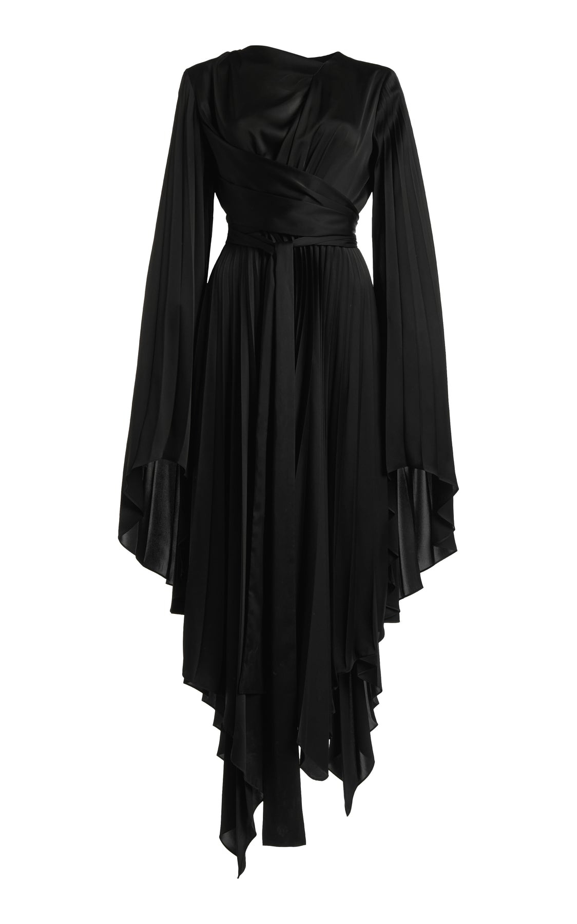 WRAP AROUND MIDI DRESS WITH PLEATED SKIRT & SLEEVES BLACK - 14