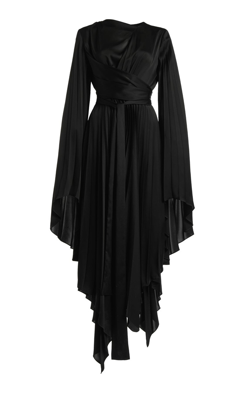 WRAP AROUND MIDI DRESS WITH PLEATED SKIRT & SLEEVES BLACK 14