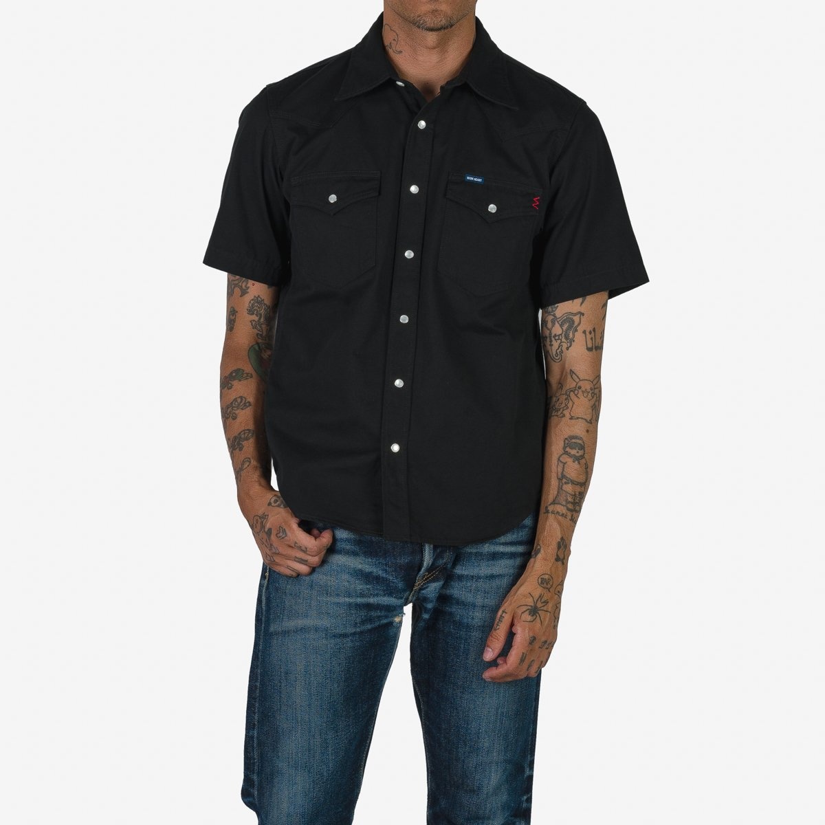 IHSH-387-BLK 7oz Fatigue Cloth Short Sleeved Western Shirt - Black - 3