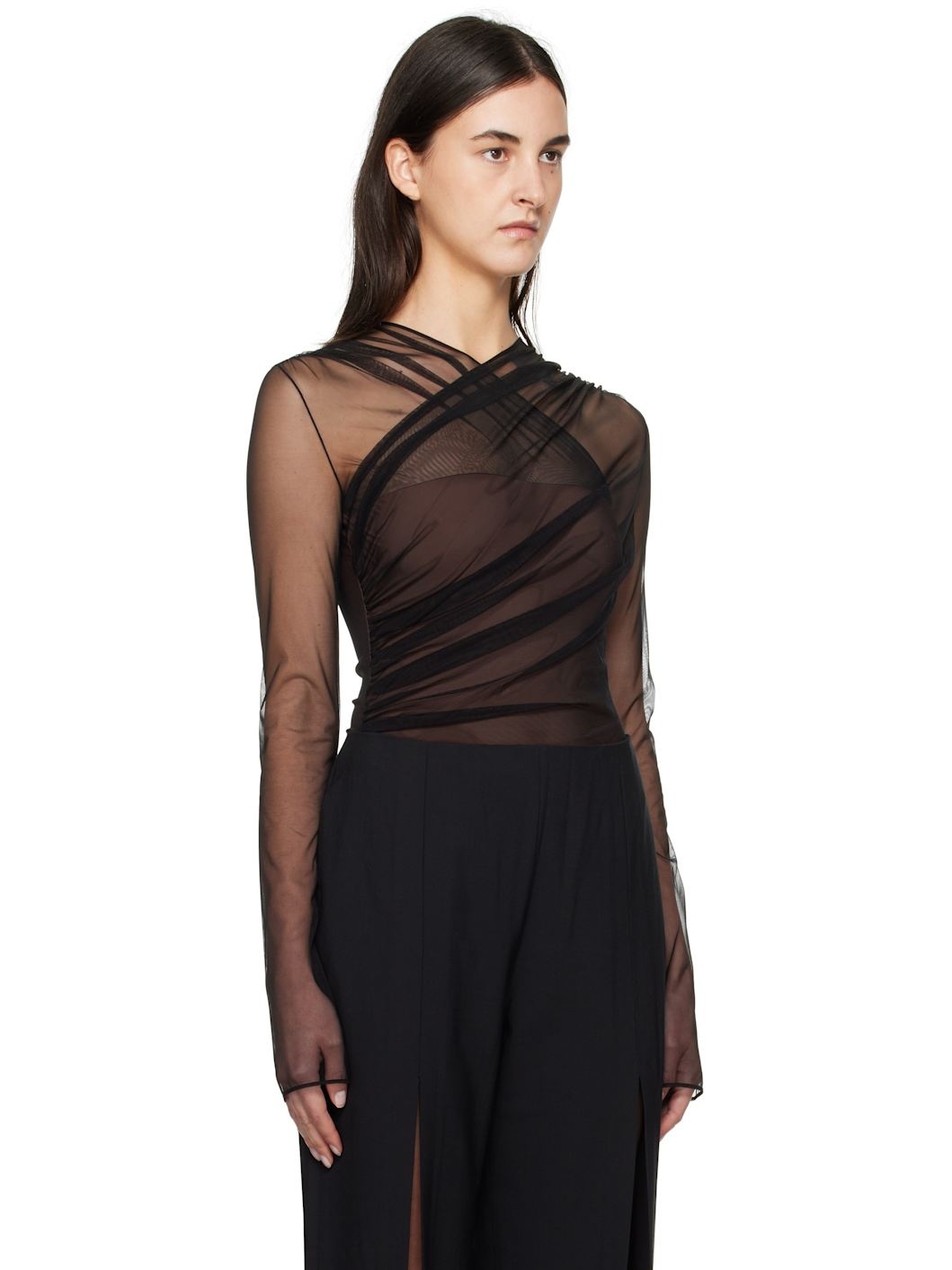 Black & Brown Semi-Sheer Gathered Long Sleeve Bodysuit - 2