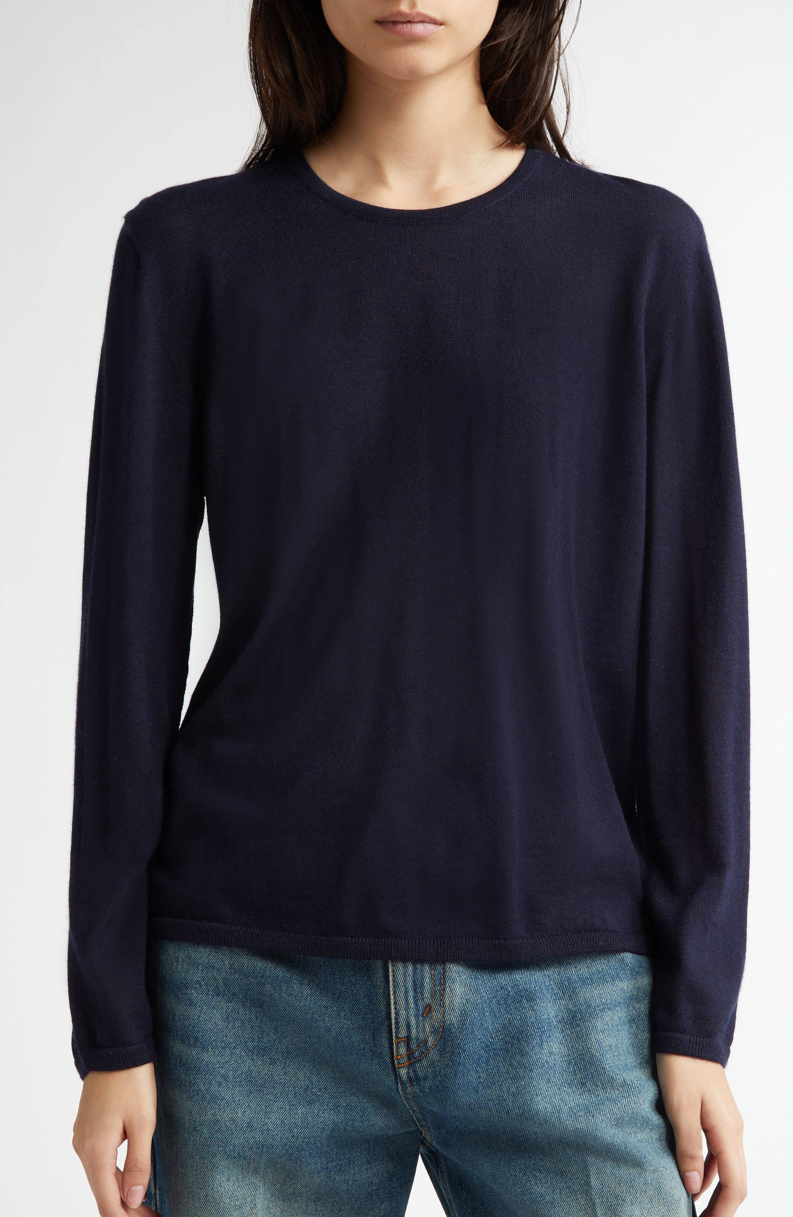 Johnstons of Elgin Superfine Cashmere & Silk Crewneck Sweater in Dark Navy at Nordstrom - 4