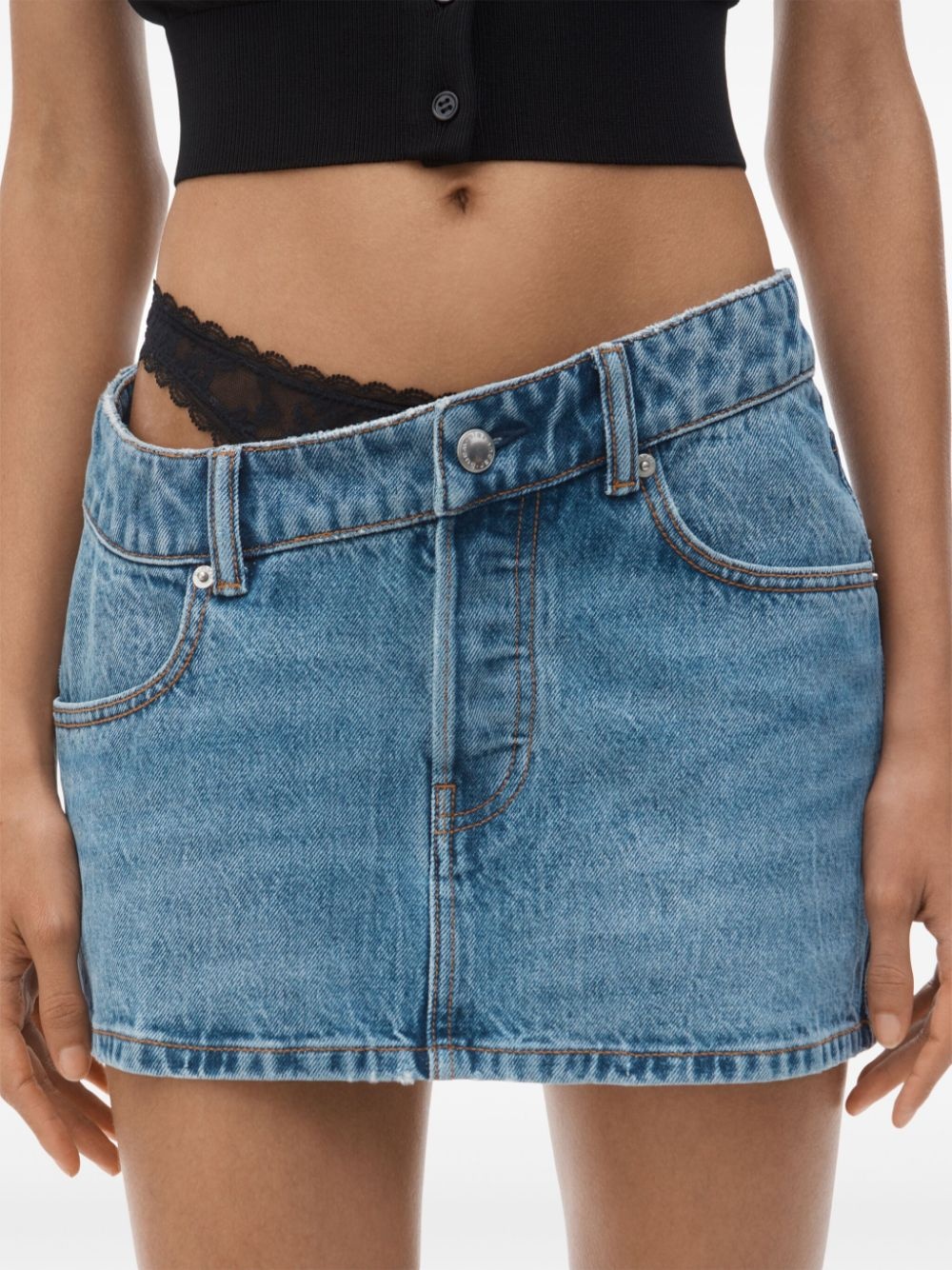 asymmetric lace-detail denim skirt - 5