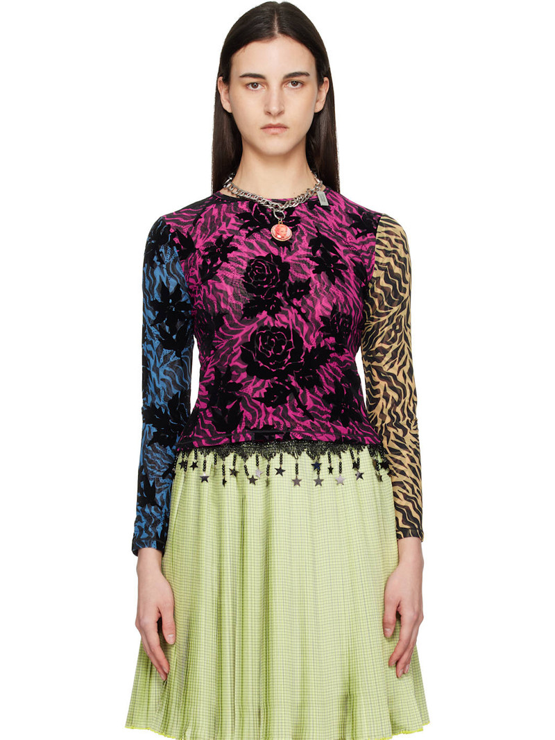 Multicolor Totally Tiger Flocked Mesh Top 1