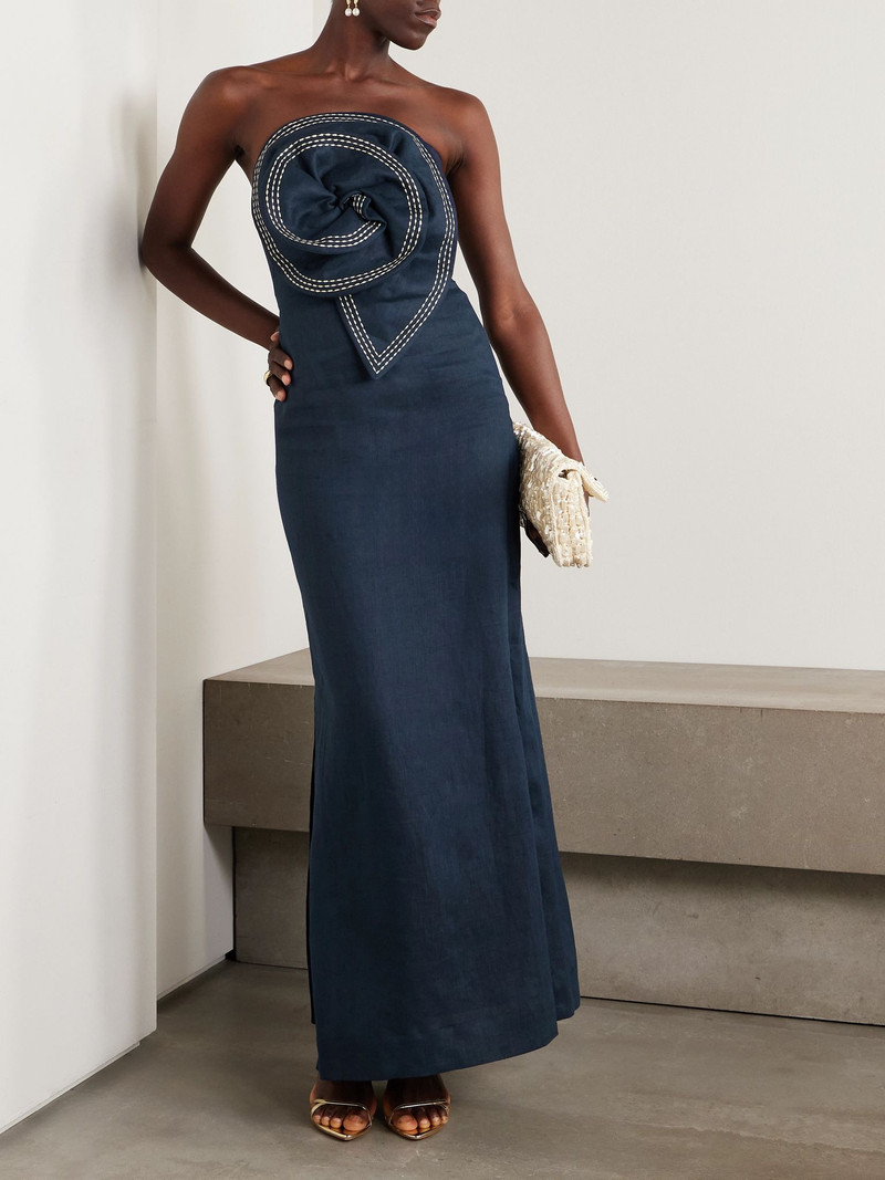 ANDRES OTALORA Tactos strapless embroidered appliquéd linen maxi dress Navy outlook
