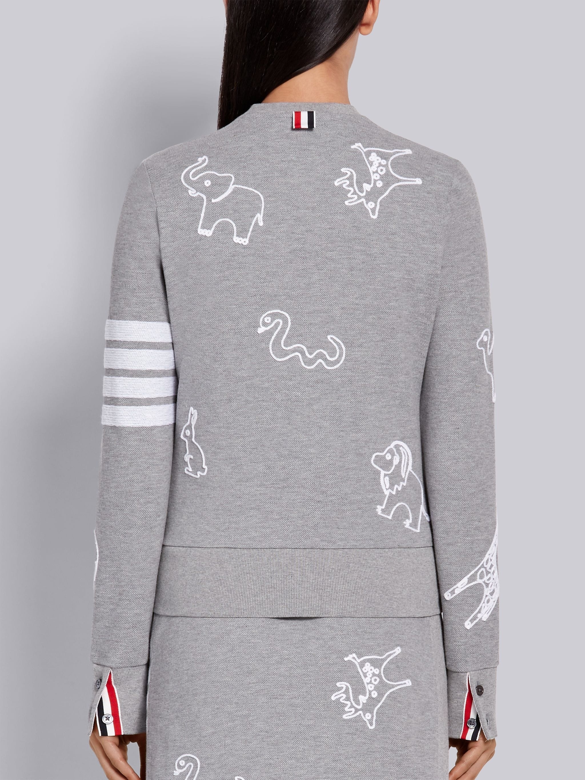 Light Grey Classic Cotton Pique Animal Icon Embroidery Crewneck 4-Bar Cardigan - 3