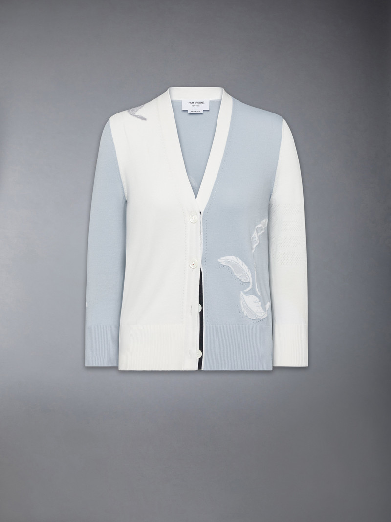 FUNMIX FEATHER INTARSIA POINTELLE RELAXED FIT V NECK CARDIGAN 1