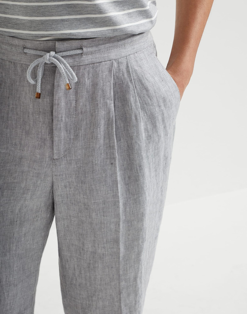 Linen chevron leisure fit trousers with drawstring and double pleats 3