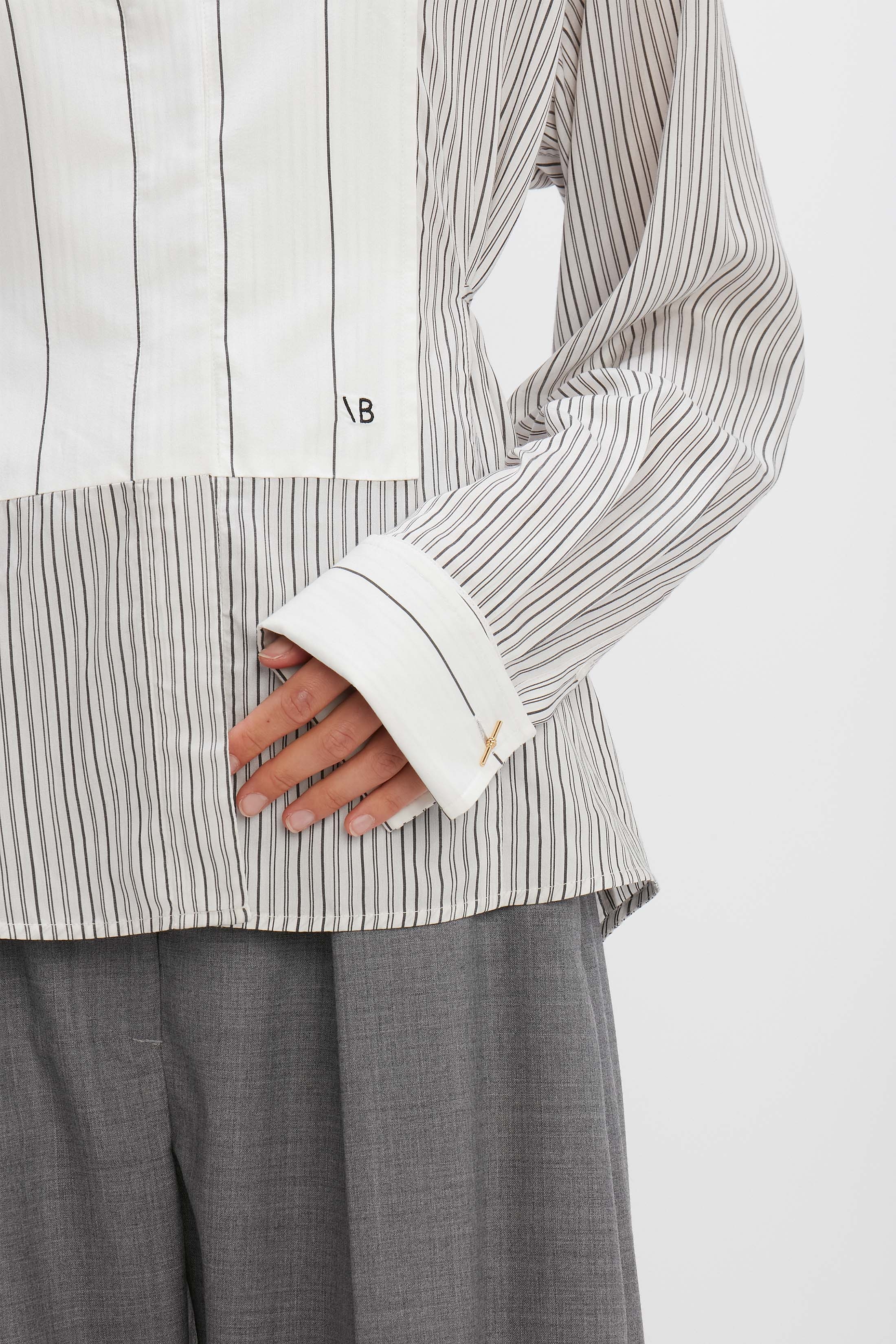 Plastron Shirt in White & Off Black Stripe - 6