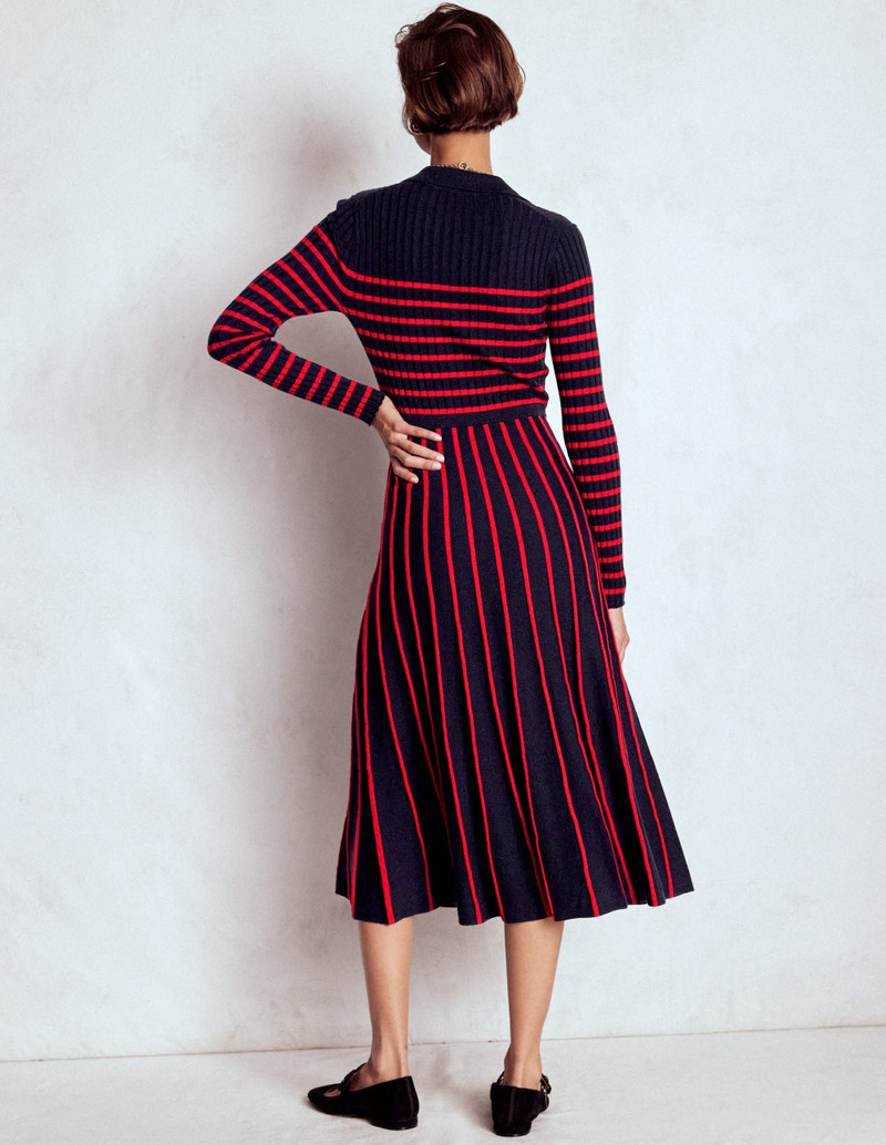 Brönte Knitted Rib Shirt Dress-Navy and Red Stripe 5