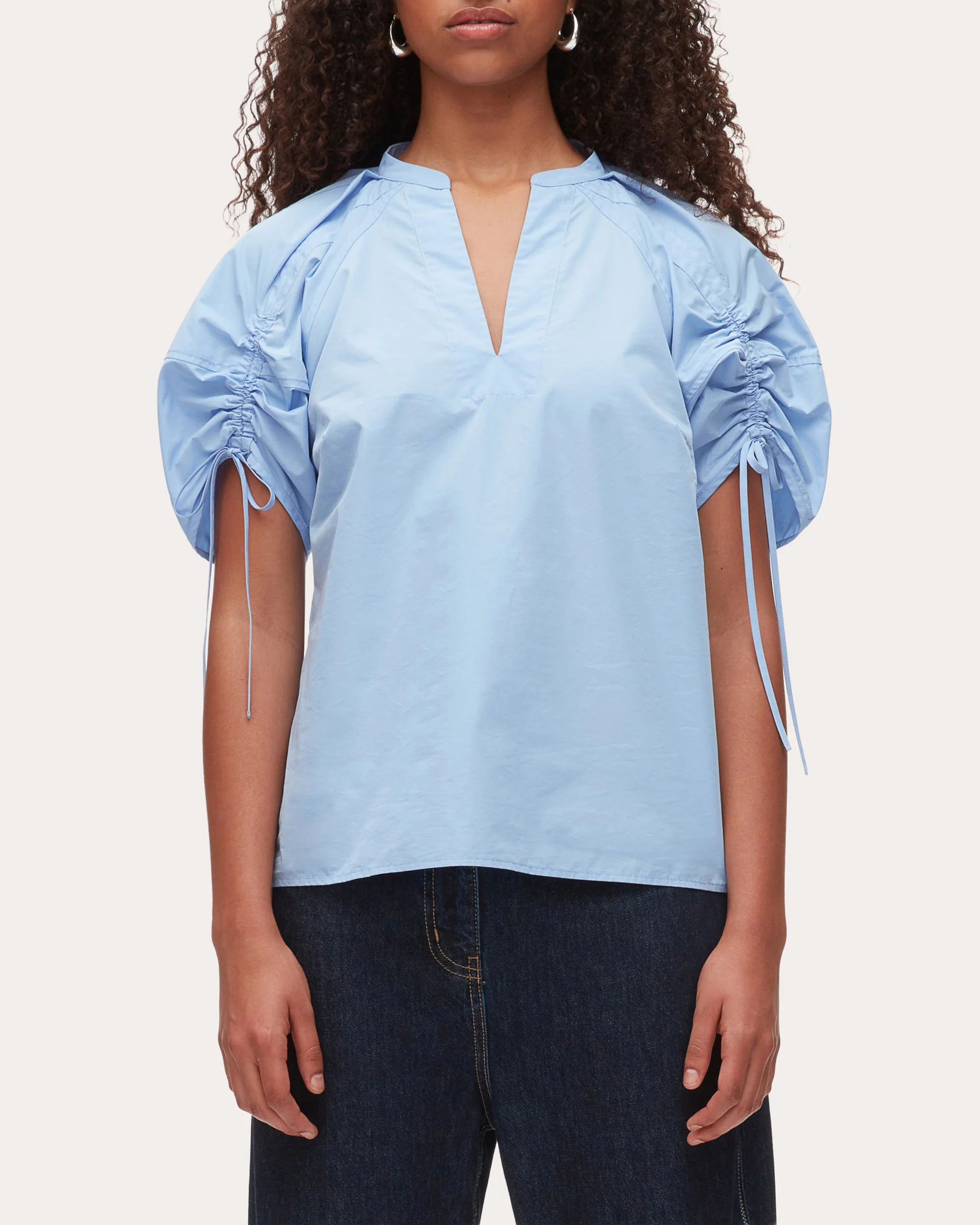 Cotton Poplin Ruched Puff-Sleeve Top - 1