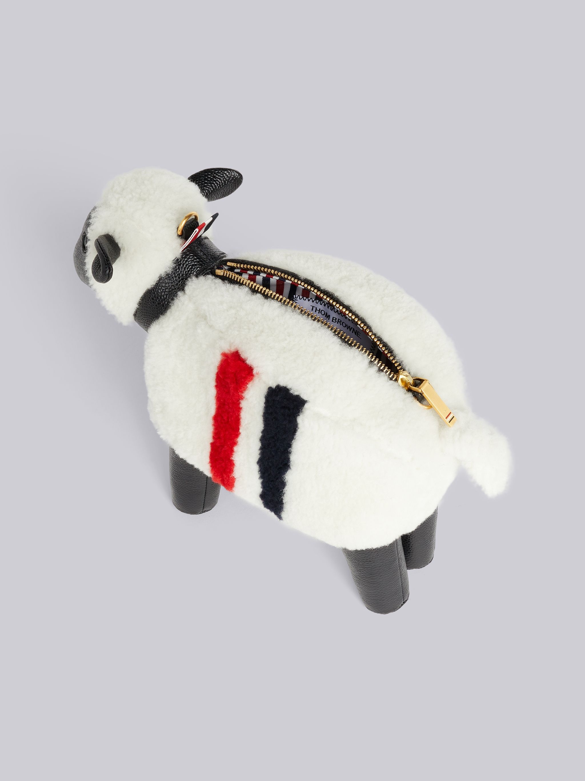 White Curly Merino Shearling Intarsia Stripe Small Sheep Bag - 5