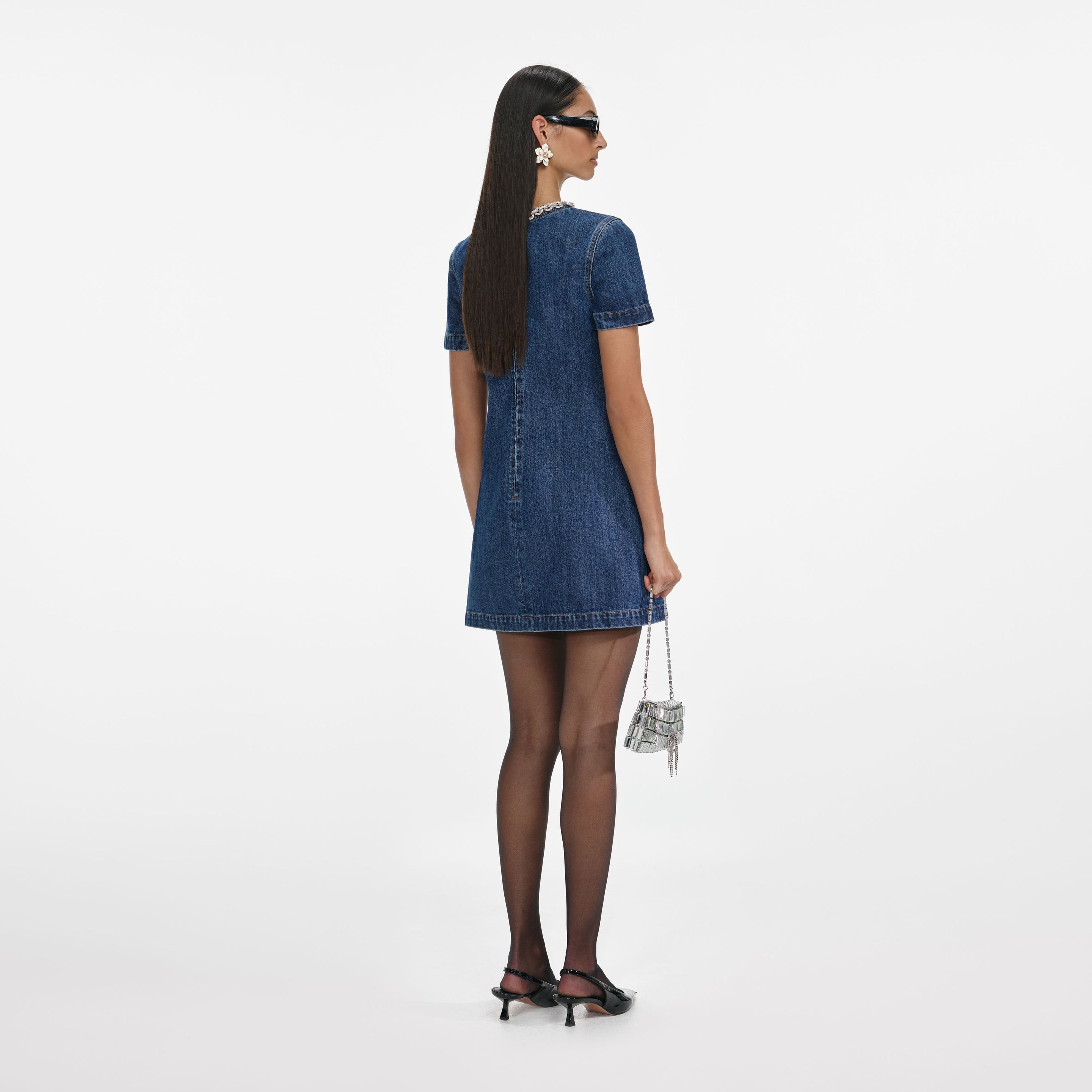 Denim Crystal Trim Mini Dress - 3