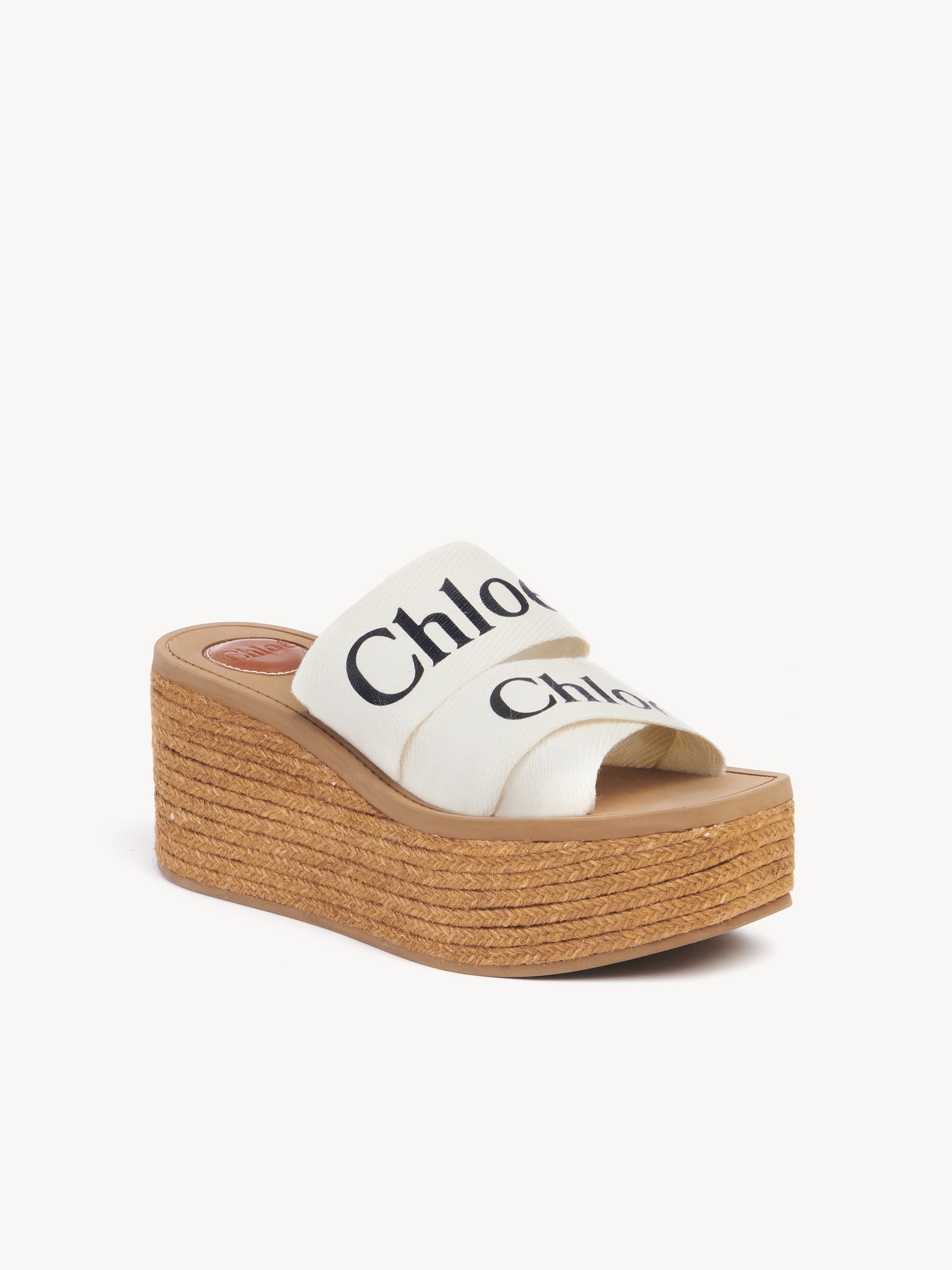 WOODY WEDGE SANDALS IN WHITE CANVAS WITH CIDER BROWN RUBBER SOLE