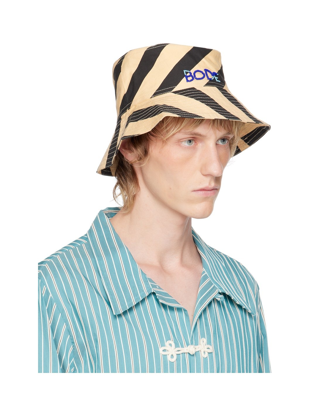 Beige & Black Domino Stripe Bucket Hat - 2
