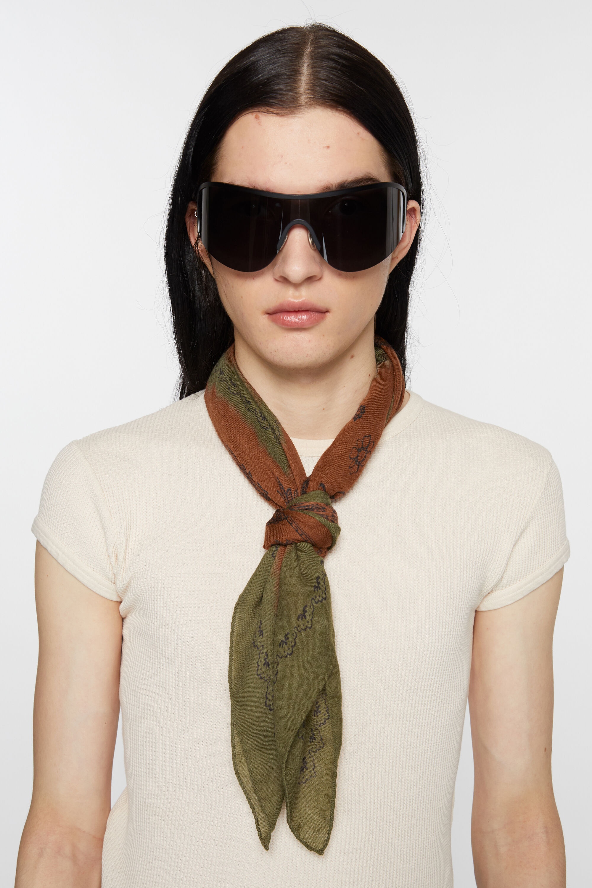 Print light wool scarf - Khaki green/rust orange - 3