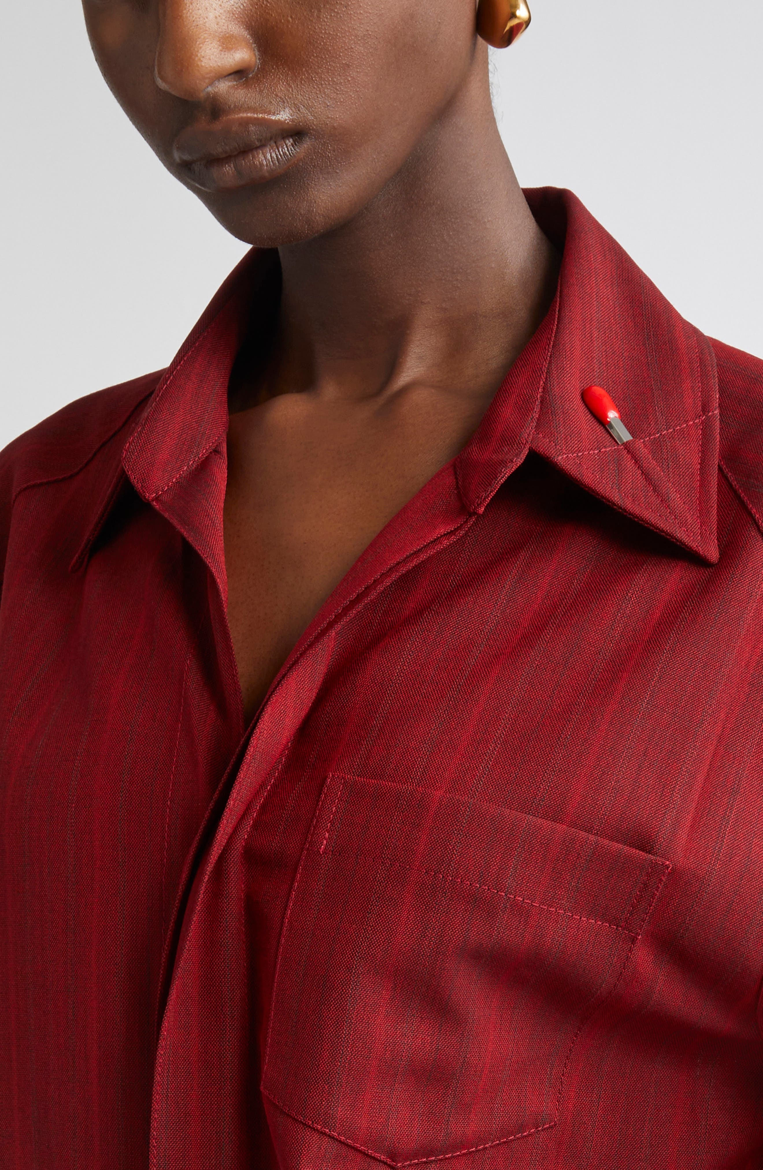 Bottega Veneta Subtle Stripe Wool Blend Button-Up Shirt in 6516 Red/Grey Melange at Nordstrom - 5