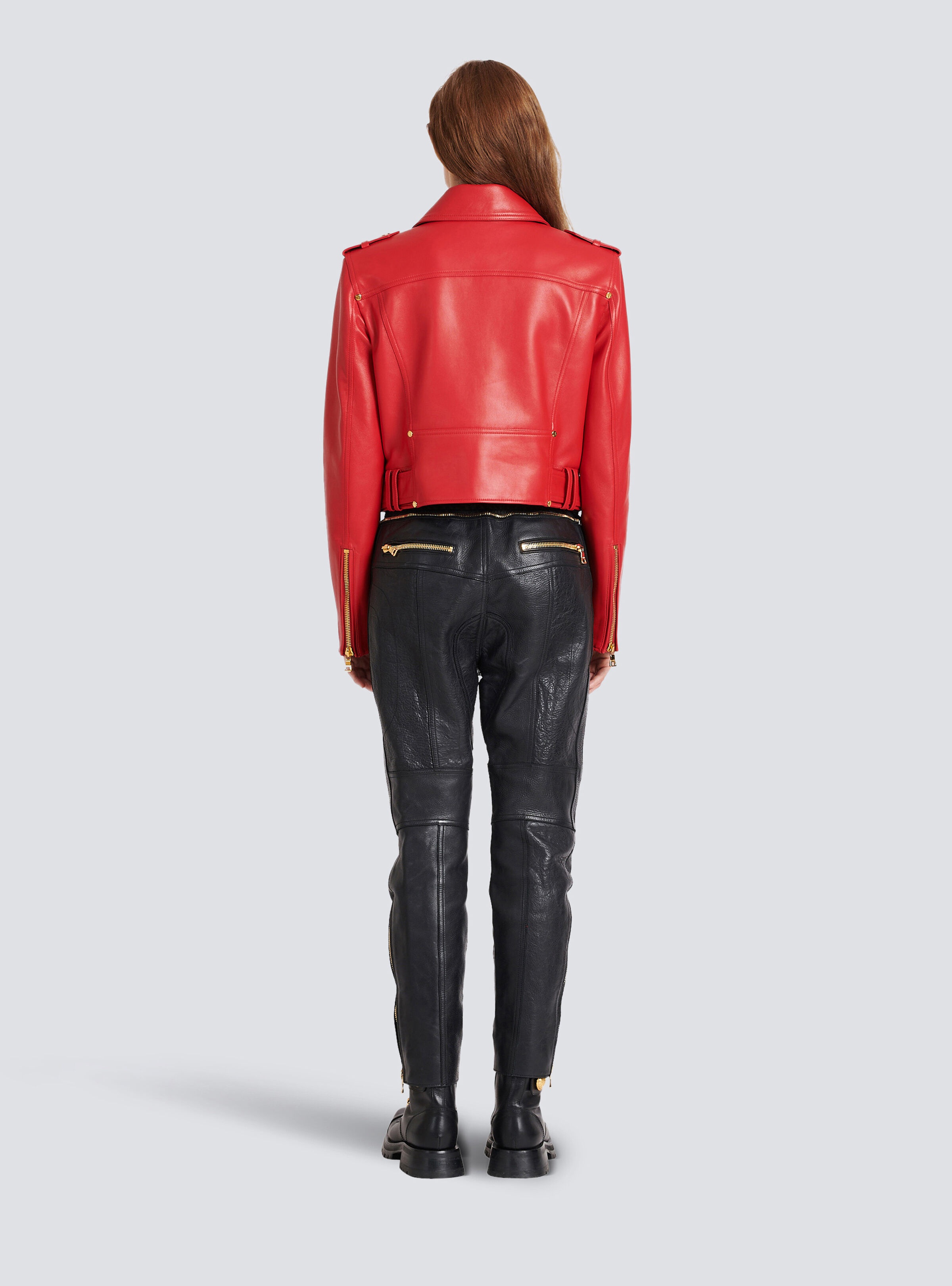 Cropped leather biker jacket - 4
