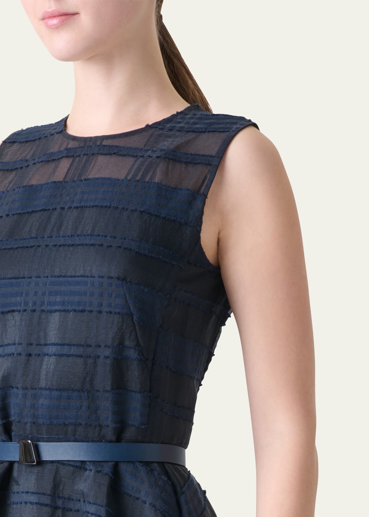 Organdy Plaid Sleeveless A-Line Midi Dress With Belt - 5