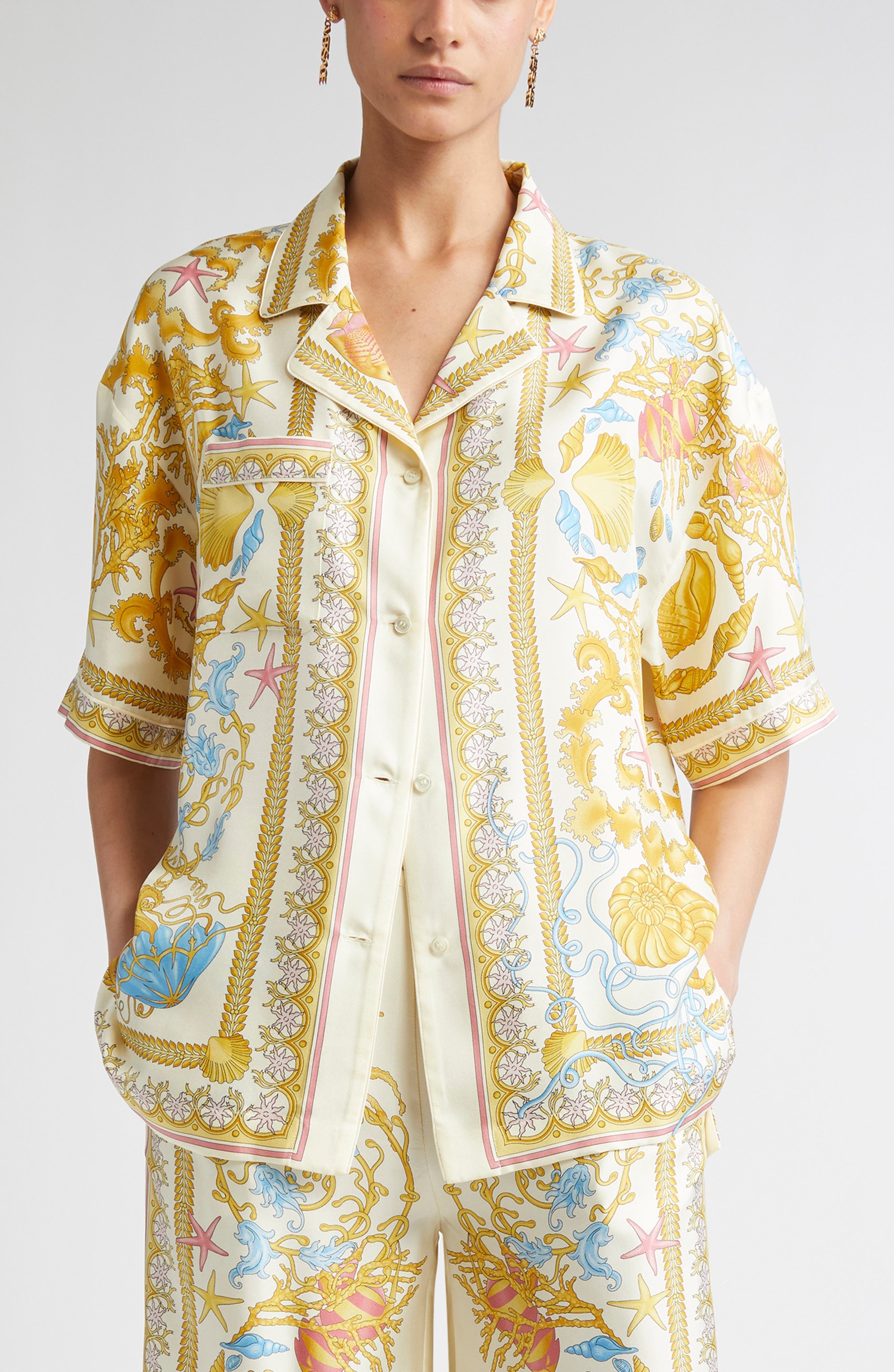 Versace Barocco Underwater Silk Camp Shirt in Eggshell Multicolor at Nordstrom - 1