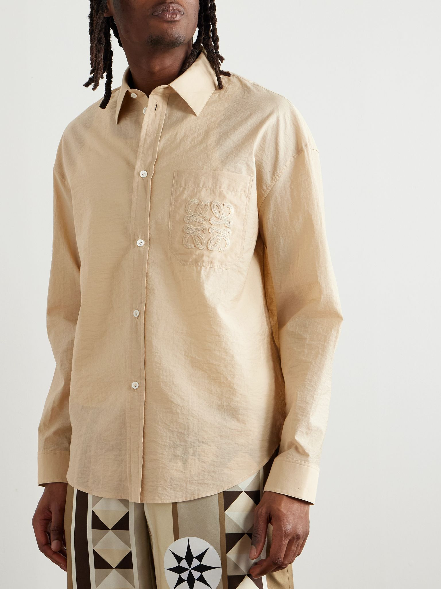 + Paula's Ibiza Logo-Embroidered Crinkled Cotton-Blend Shirt Beige - 3