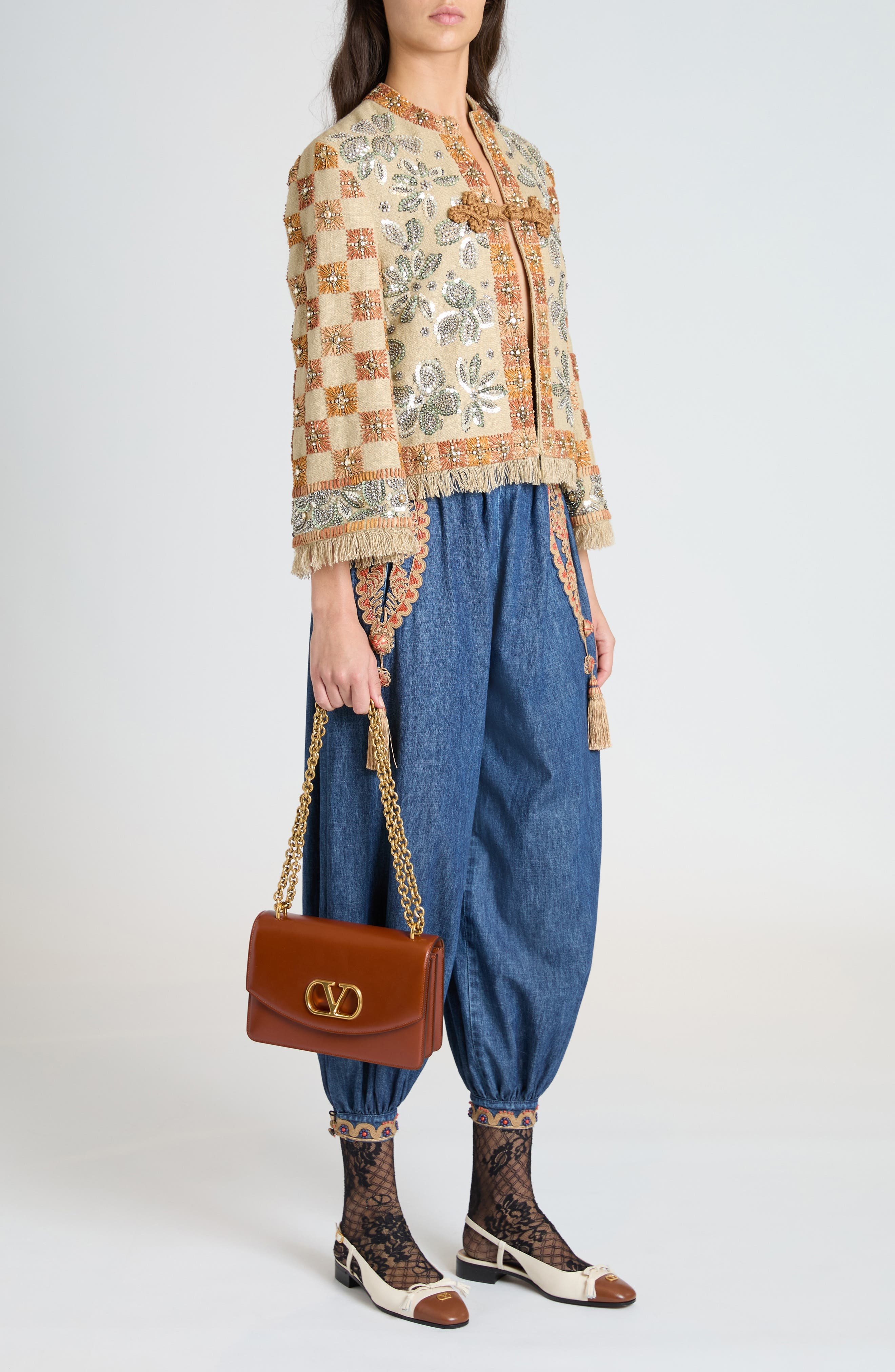 Valentino Garavani Embellished Crop Chambray Balloon Pants in Medium Blue Denim at Nordstrom - 2
