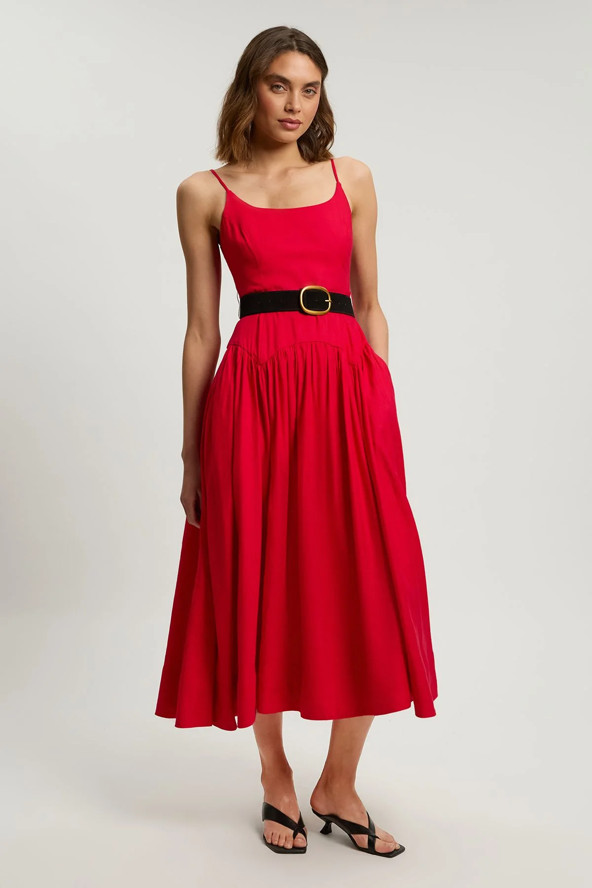 Petite Viscose Linen Belted Drop Waist Woven Midi Dress - 1