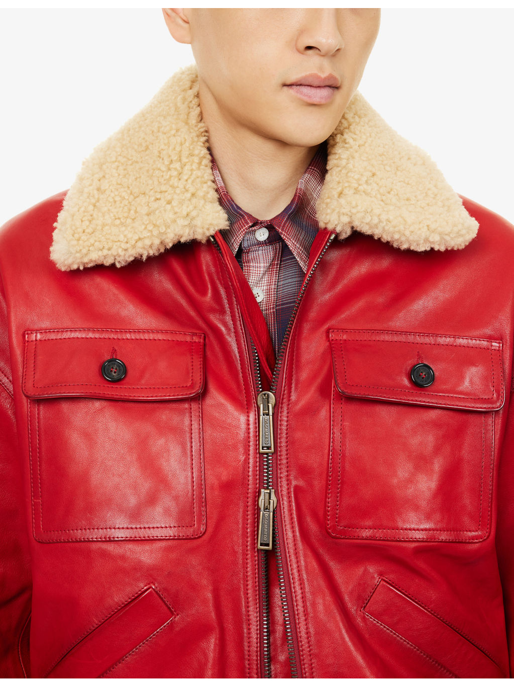 Shearling-Collar Aviator Leather Bomber Jacket - 5