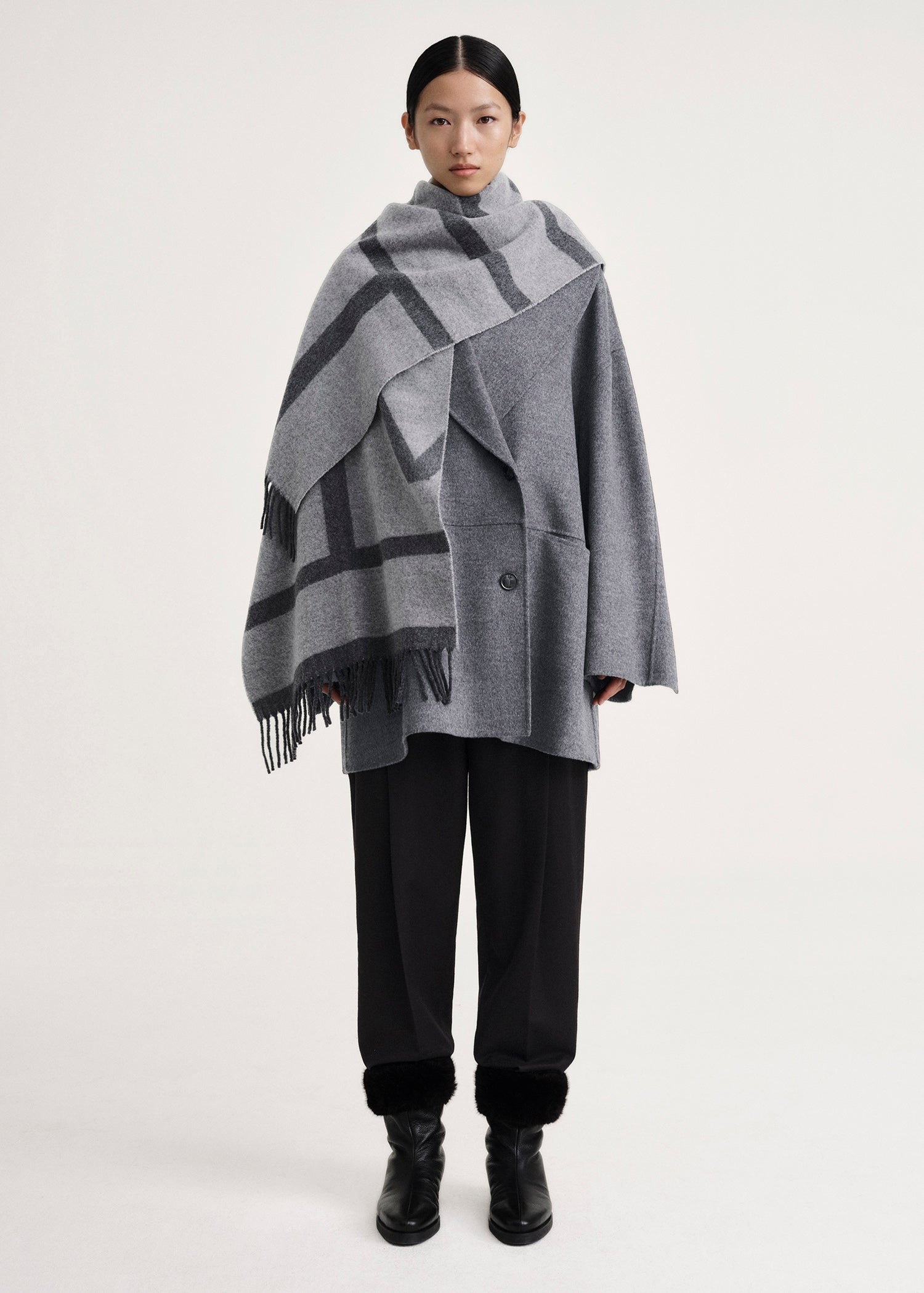 Monogram jacquard wool scarf dark grey mélange - 1