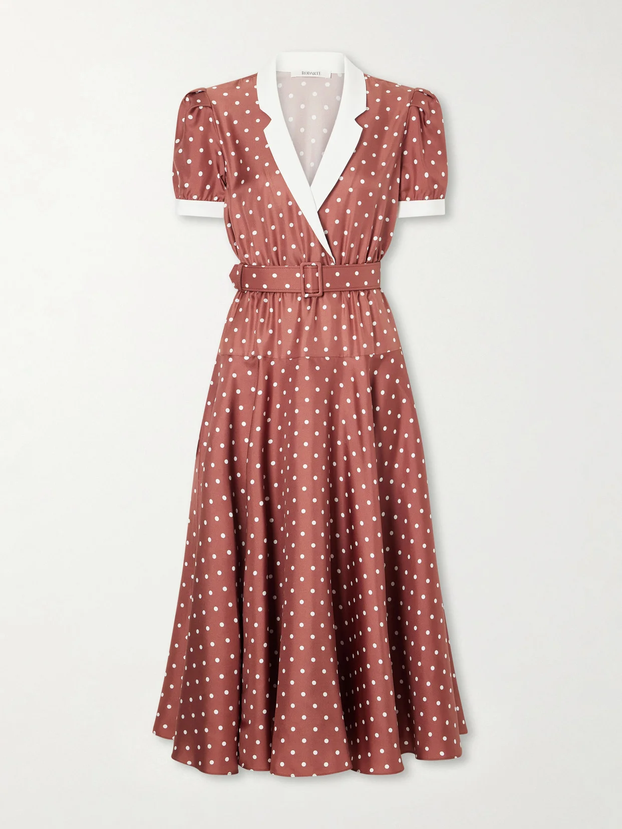 Belted Pleated Polka-dot Crepe-trimmed Silk-twill Midi Dress - 1