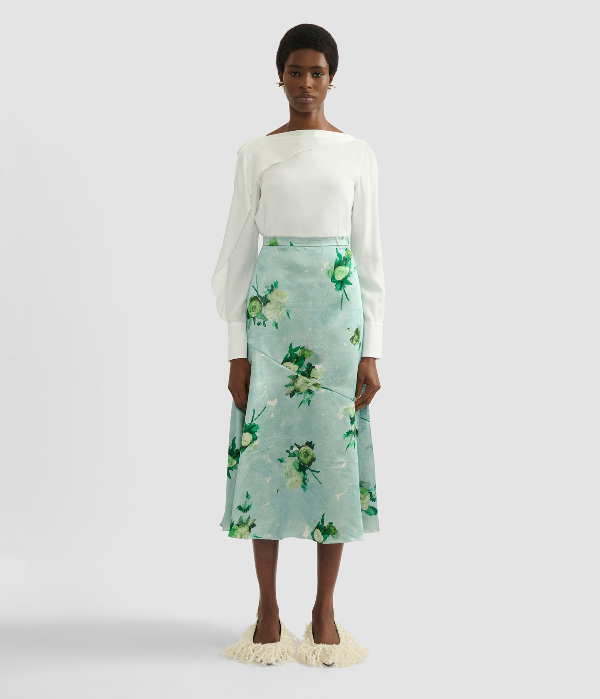 FLORAL PRINT CRUSHED SATIN A LINE SKIRT - 4