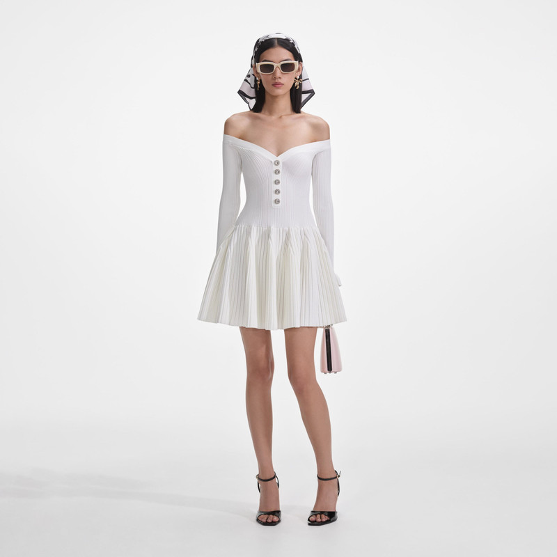 self-portrait White Ribbed Knit Mini Dress - SS25-015S-W