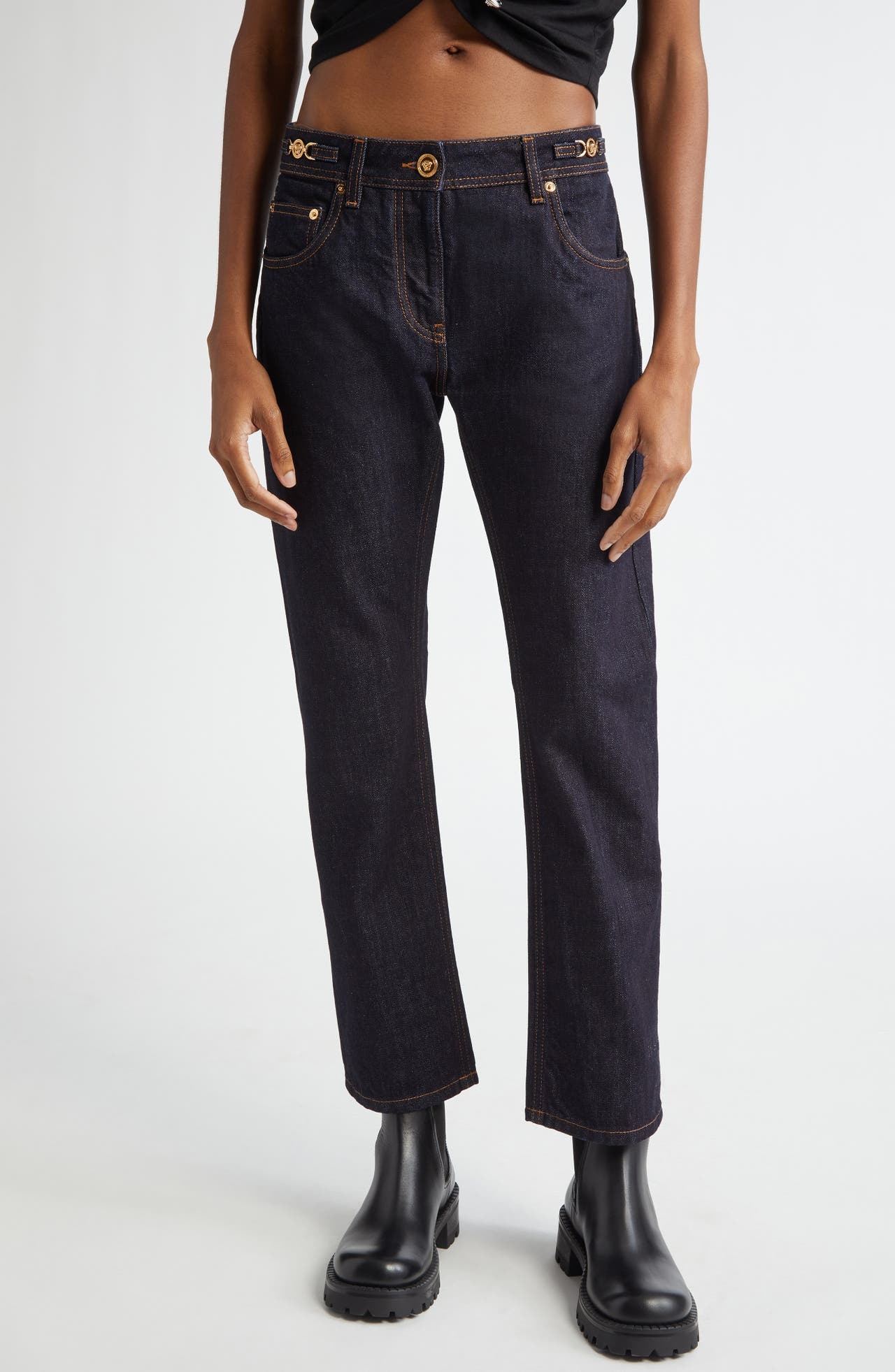 Versace Medusa Buckle Straight Leg Jeans in Dark Blue at Nordstrom - 1