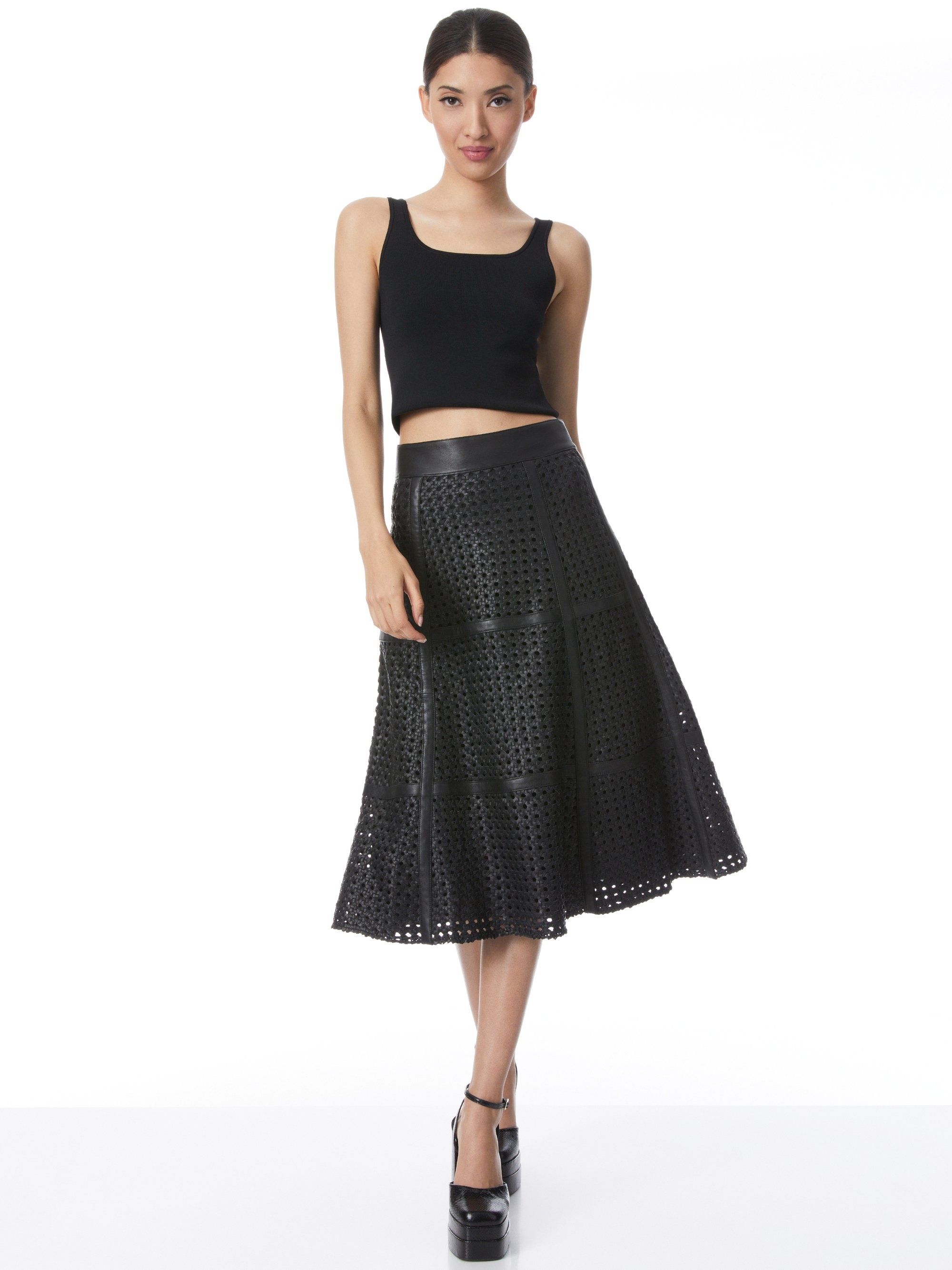 SOSIE WOVEN LEATHER MIDI FLARE SKIRT - 3