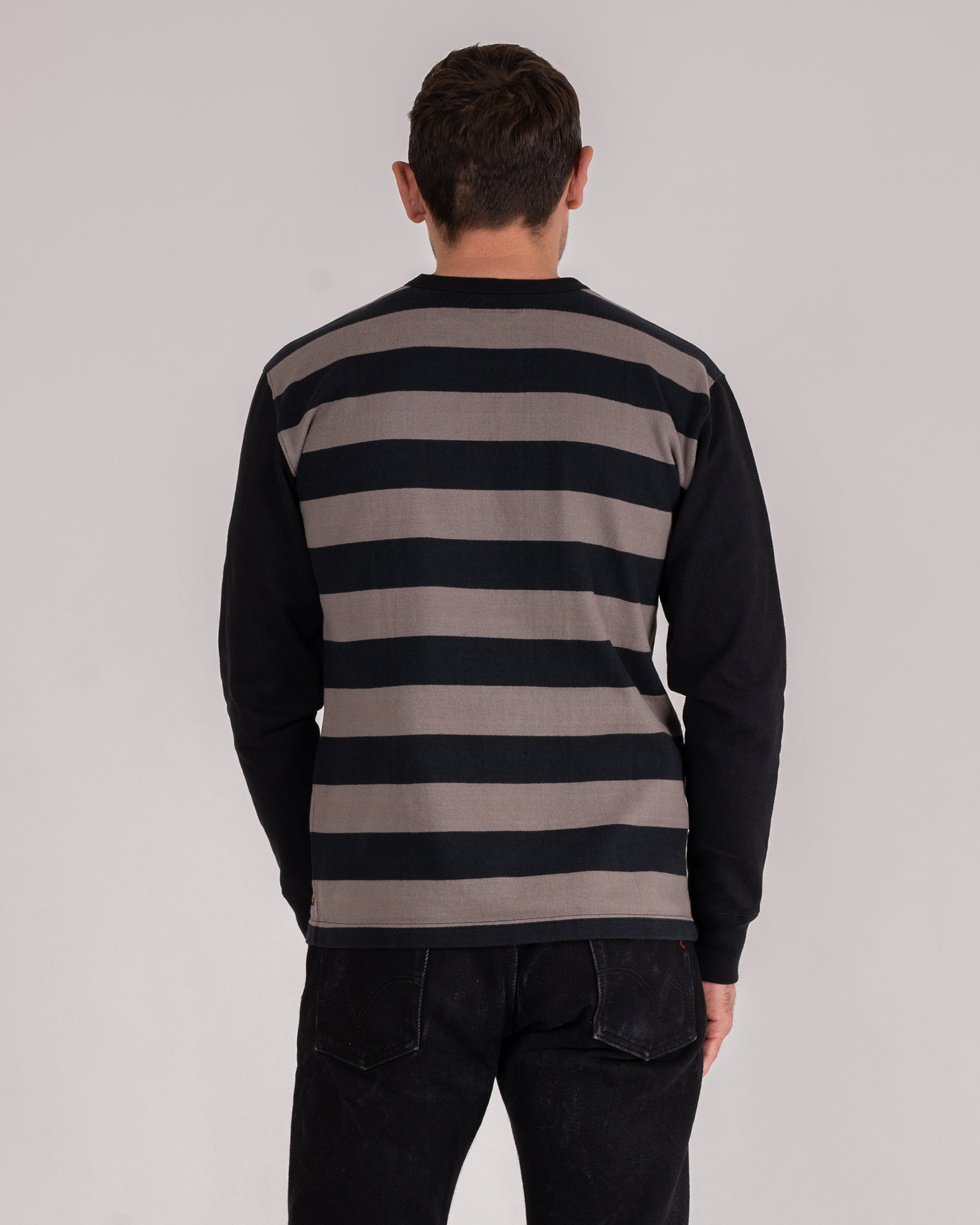 IHTB-05-GRY 11oz Cotton Knit Long-Sleeved Sweater - Striped Body with Black Arms - 3