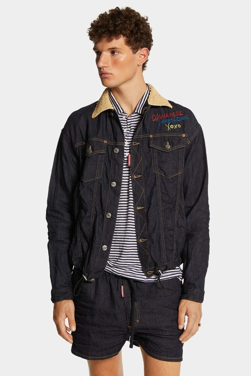 SUMMER LOVERS DARK WASH RAFFIA COLLAR DRAWSTRING SHIRT 3