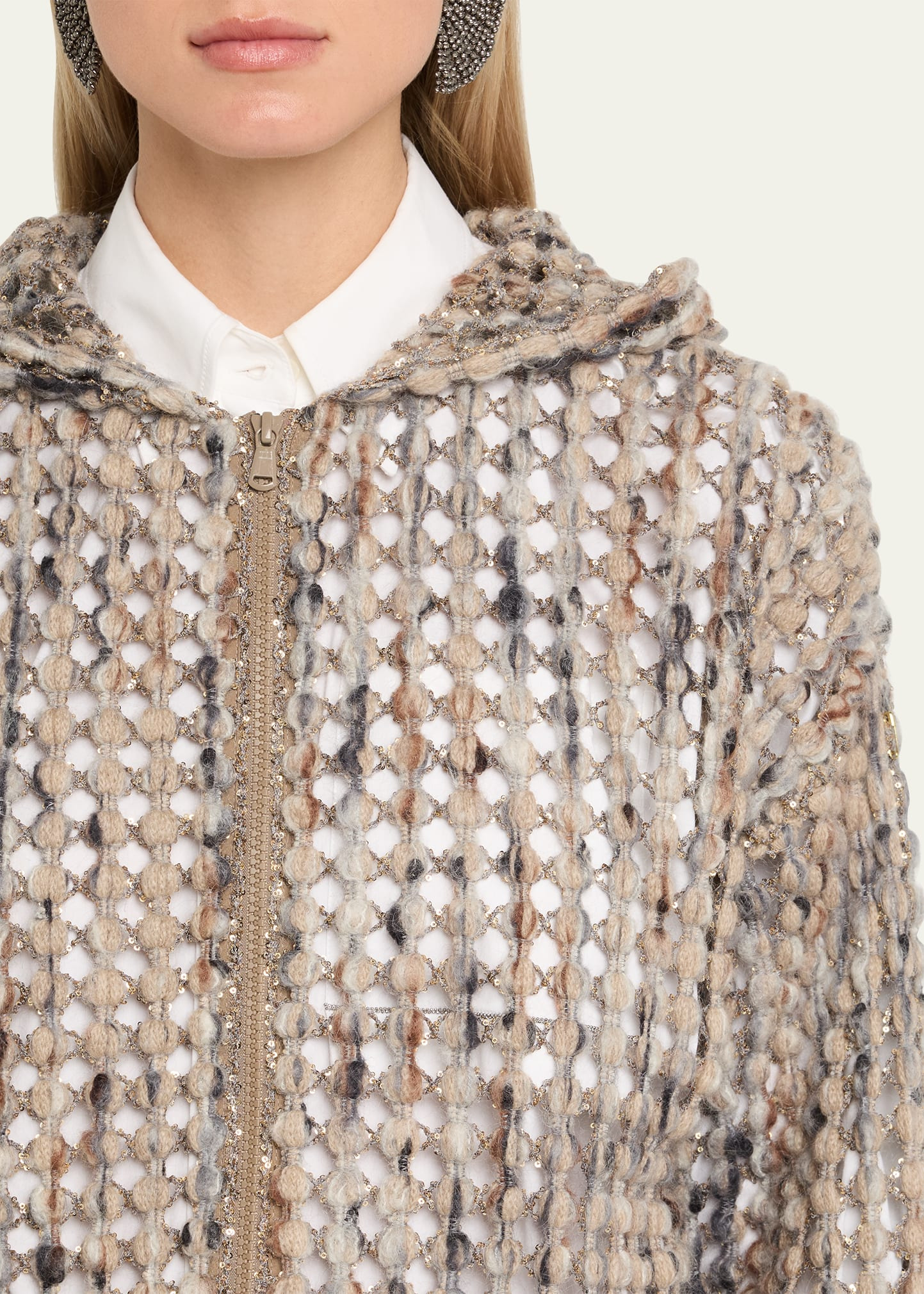 Pailette Wool-Cashmere Net Balloon-Sleeve Zip Hoodie - 5