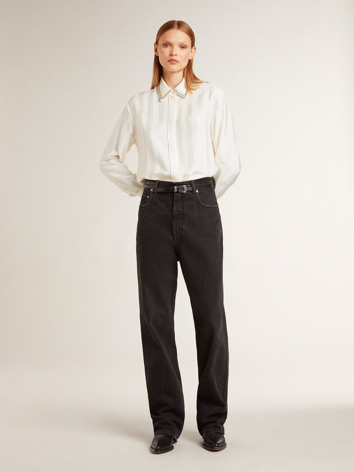 Women's shirt with a vertical striped pattern and crystal embroidery - 3