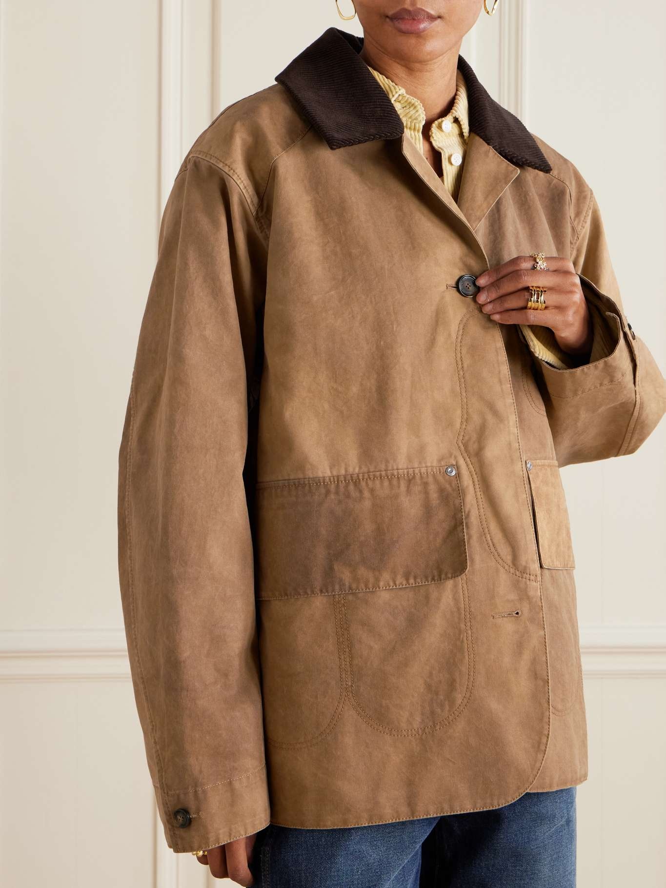 Corduroy-trimmed washed organic cotton-canvas jacket Tan - 3