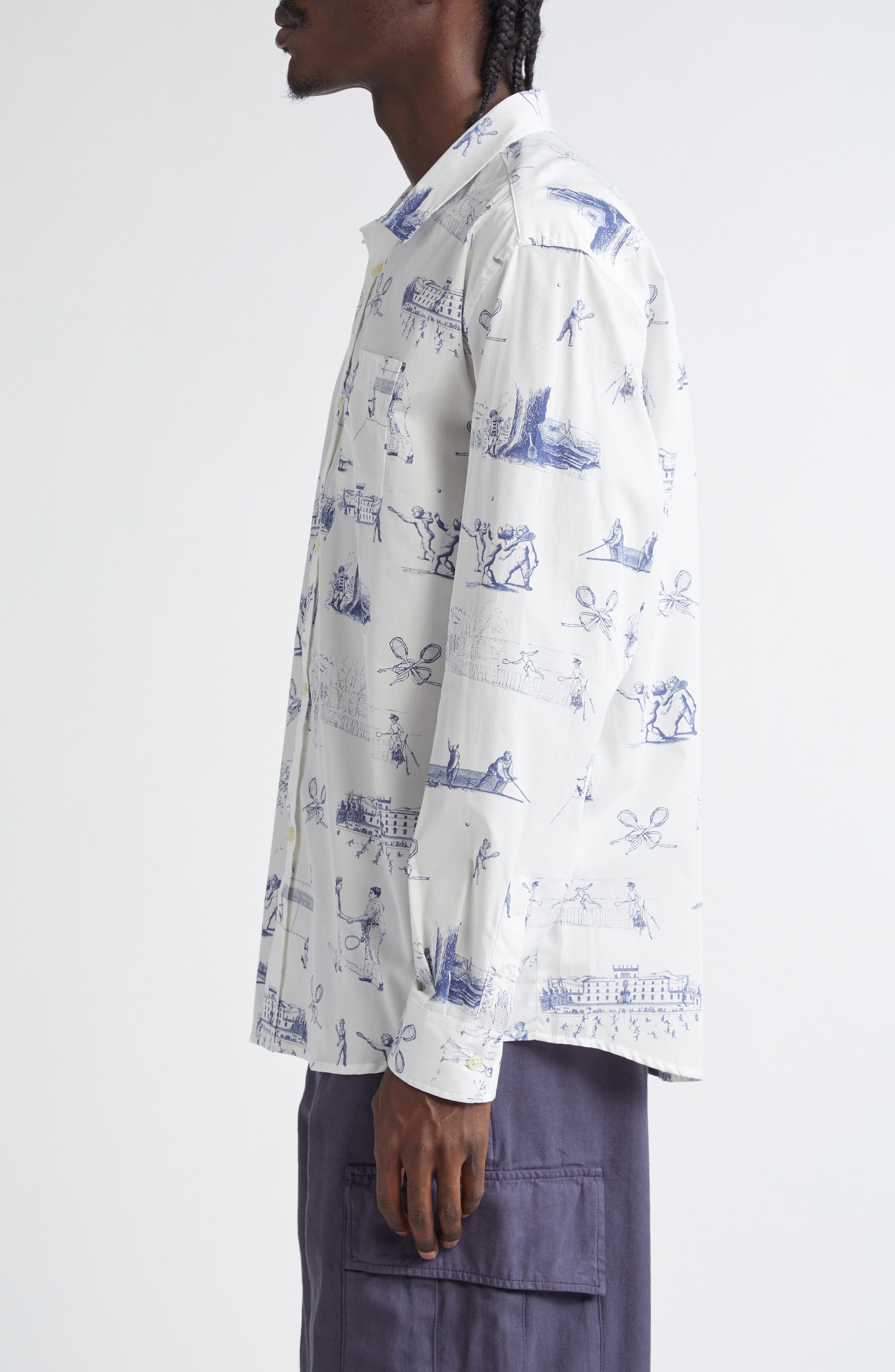 PALMES Tennis Print Cotton Poplin Button-Up Shirt in White at Nordstrom - 4