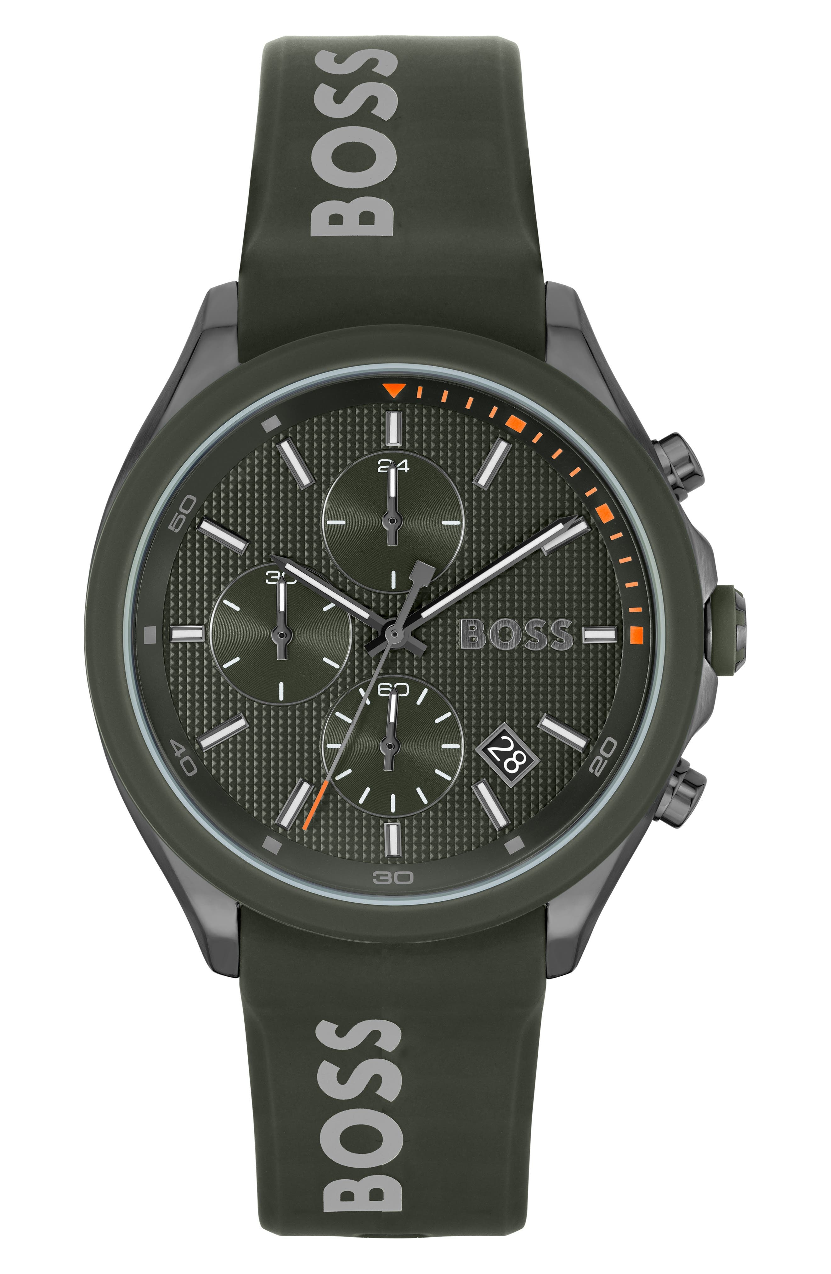 BOSS Velocity Chronograph Silicone Strap Watch, 44mm in Green at Nordstrom - 1