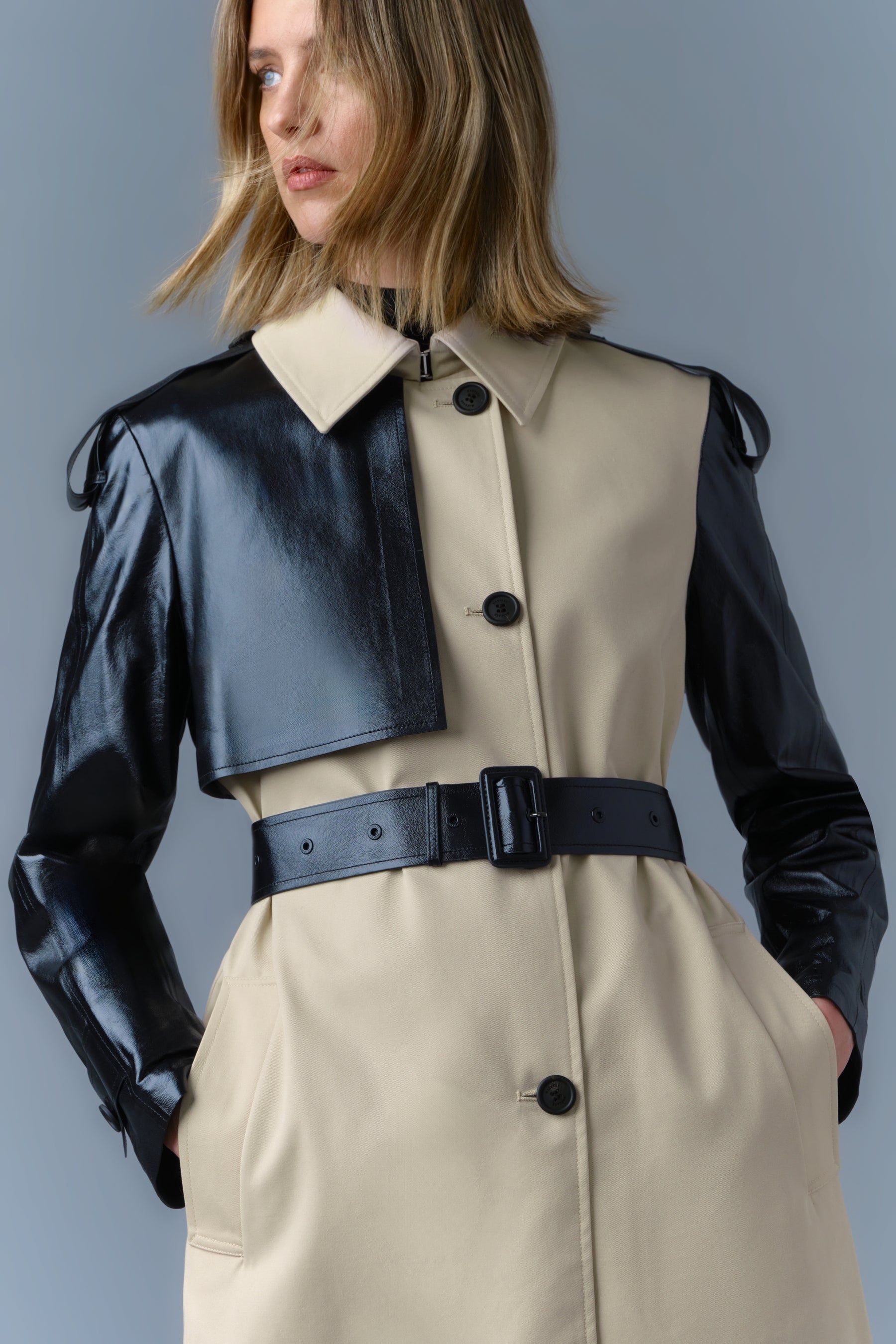 LEIKO Maxi Two-Toned Twill & Leather Trench - 6