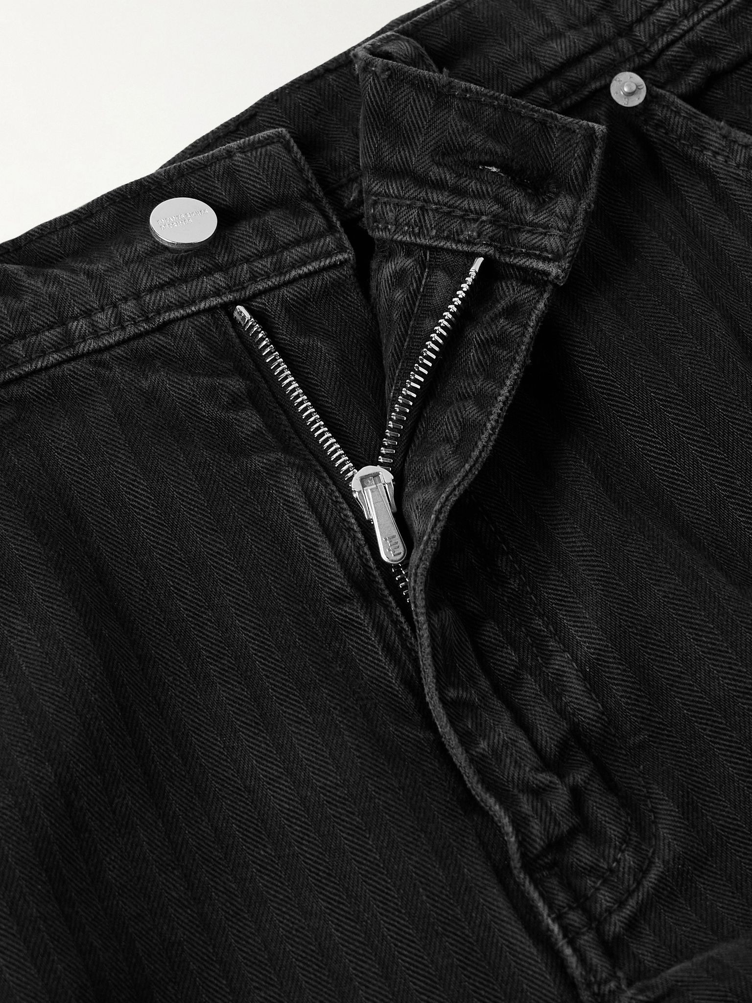 Straight-Leg Distressed Panelled Herringbone Denim Trousers Black - 6