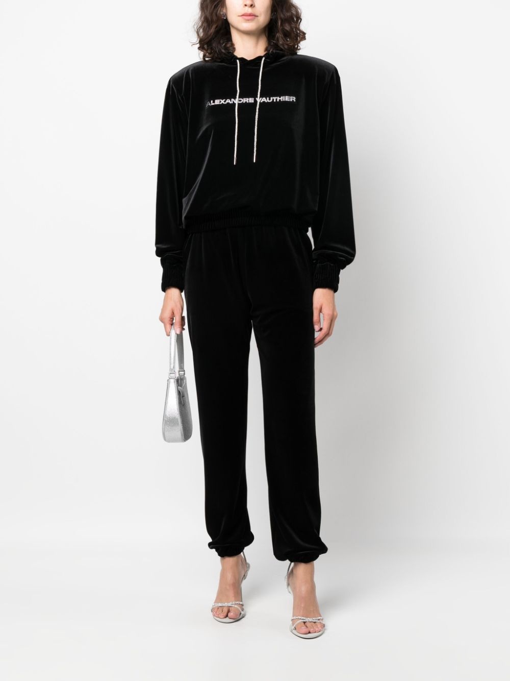 logo-appliqué velvet hoodie - 2