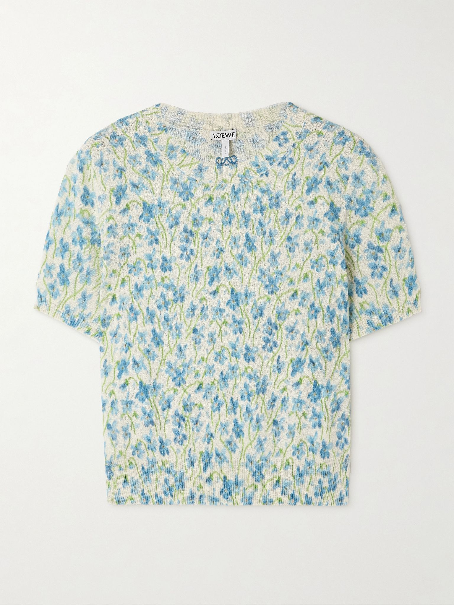 Embroidered floral-print cotton-blend T-shirt Blue - 1