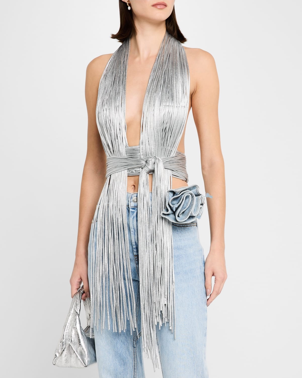 Metallic Fringe Knotted Halter Crop Top - 4