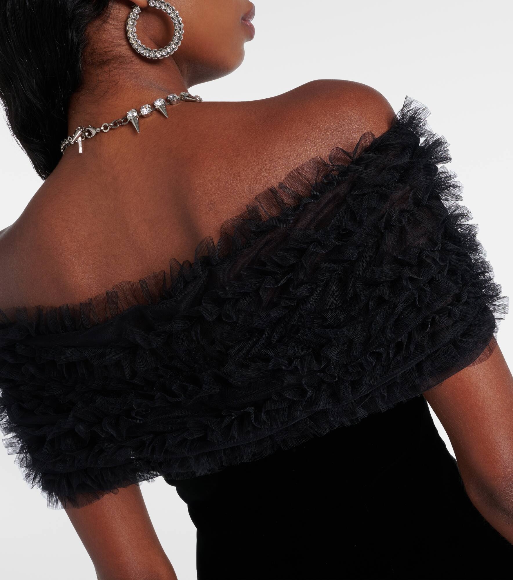 Off-shoulder velvet and tulle minidress - 6